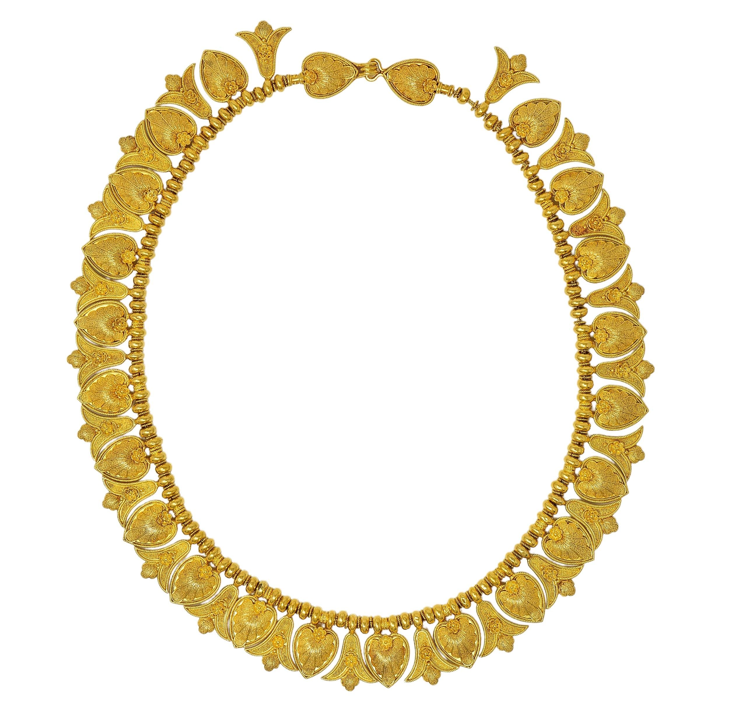 Victorian Etruscan Revival 18K Gold Antique Palm & Lotus Fringe Necklace