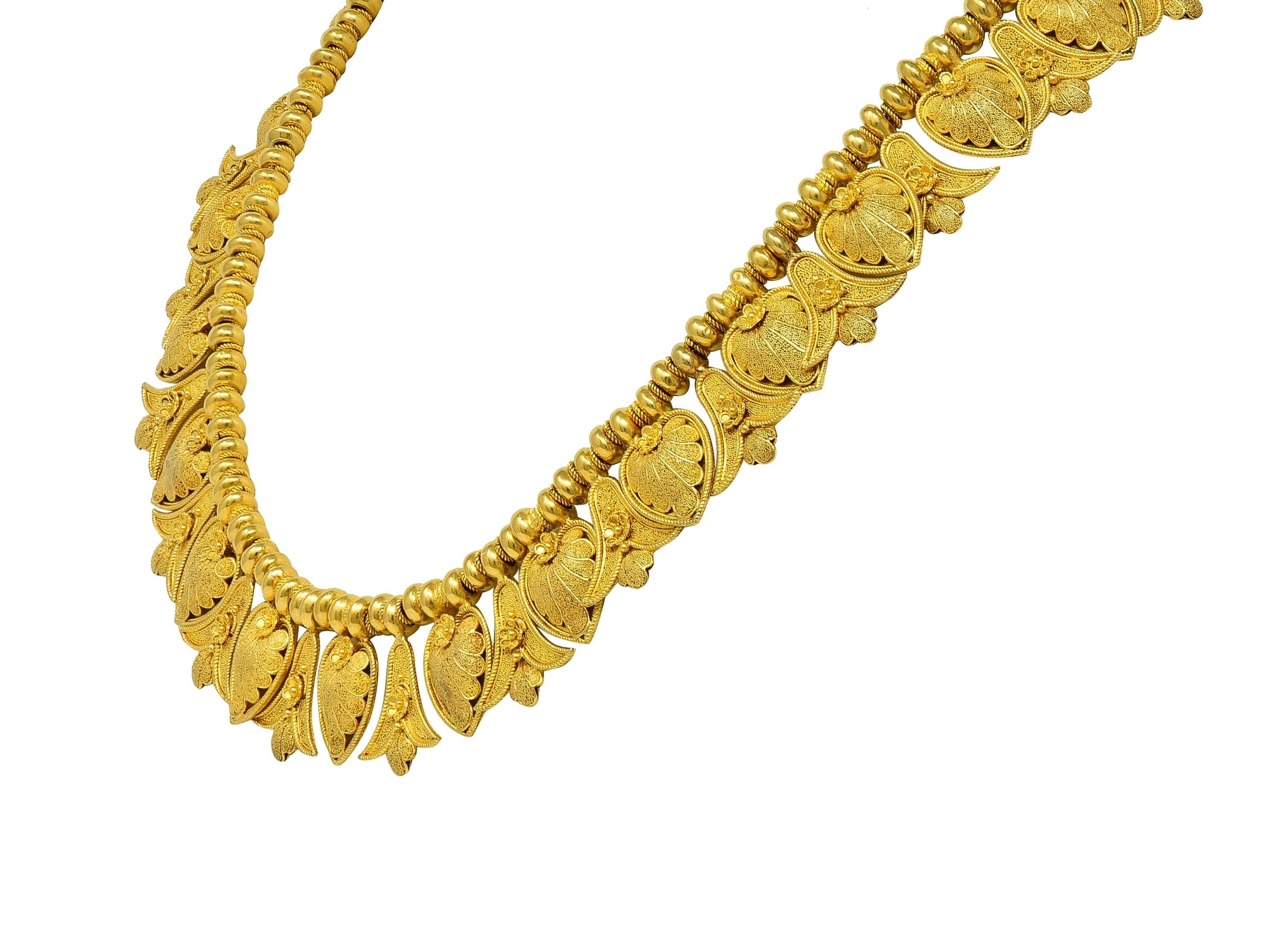 Victorian Etruscan Revival 18K Gold Antique Palm & Lotus Fringe Necklace