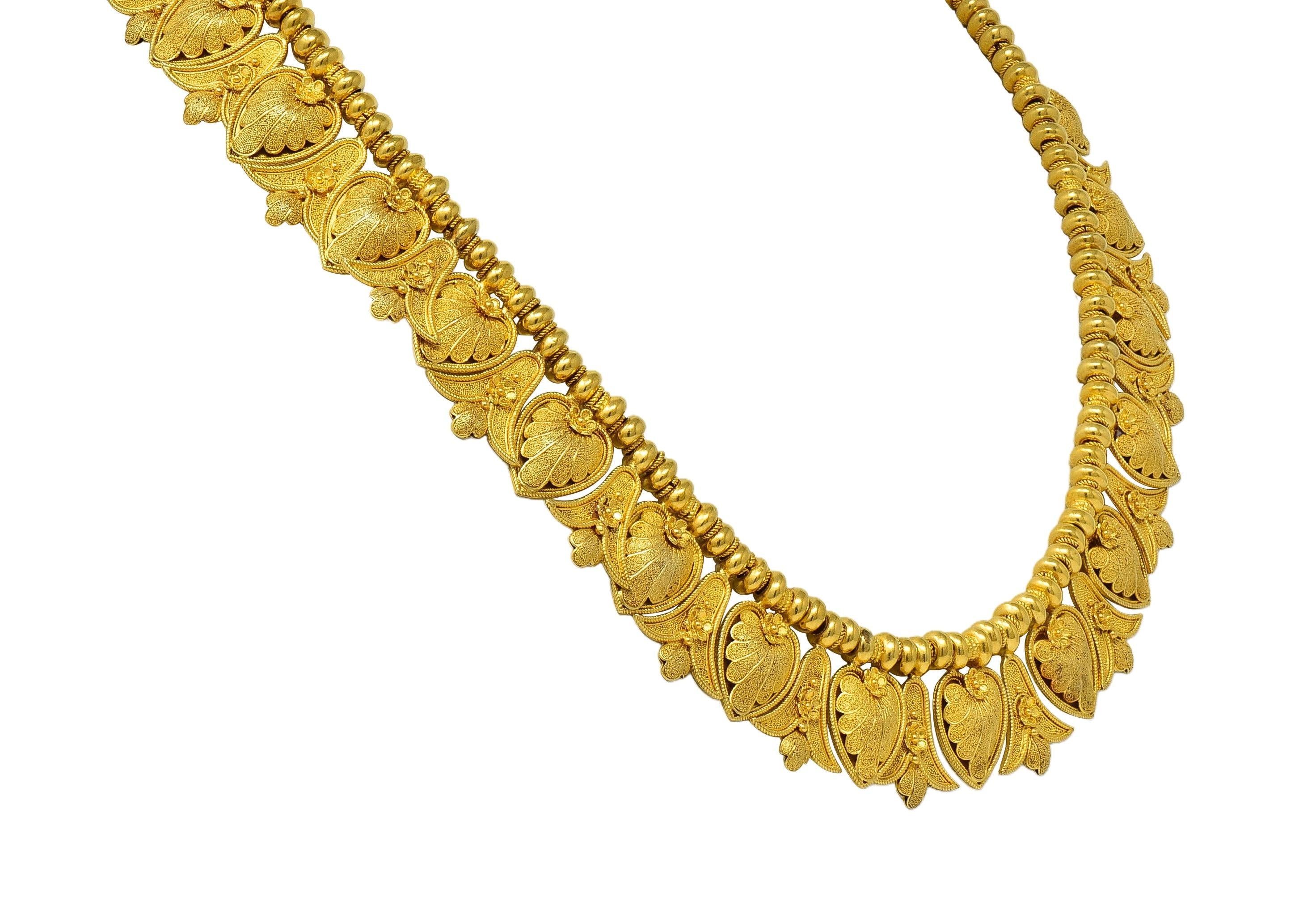 Victorian Etruscan Revival 18K Gold Antique Palm & Lotus Fringe Necklace
