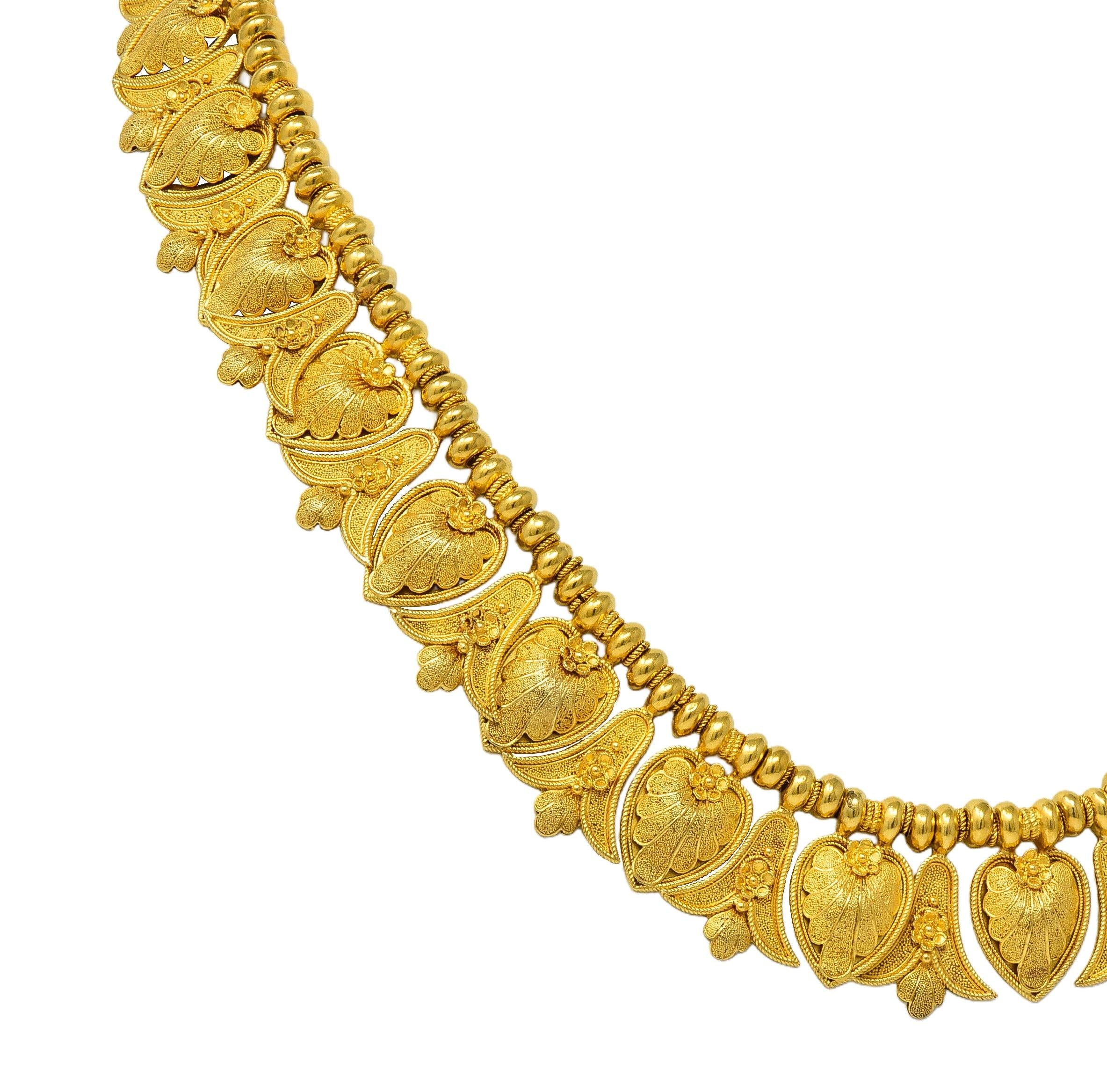 Victorian Etruscan Revival 18K Gold Antique Palm & Lotus Fringe Necklace