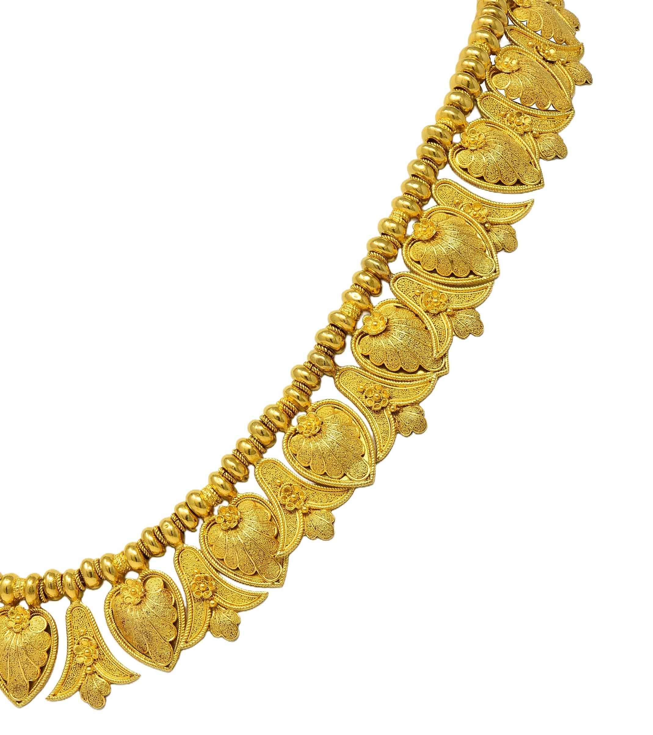 Victorian Etruscan Revival 18K Gold Antique Palm & Lotus Fringe Necklace