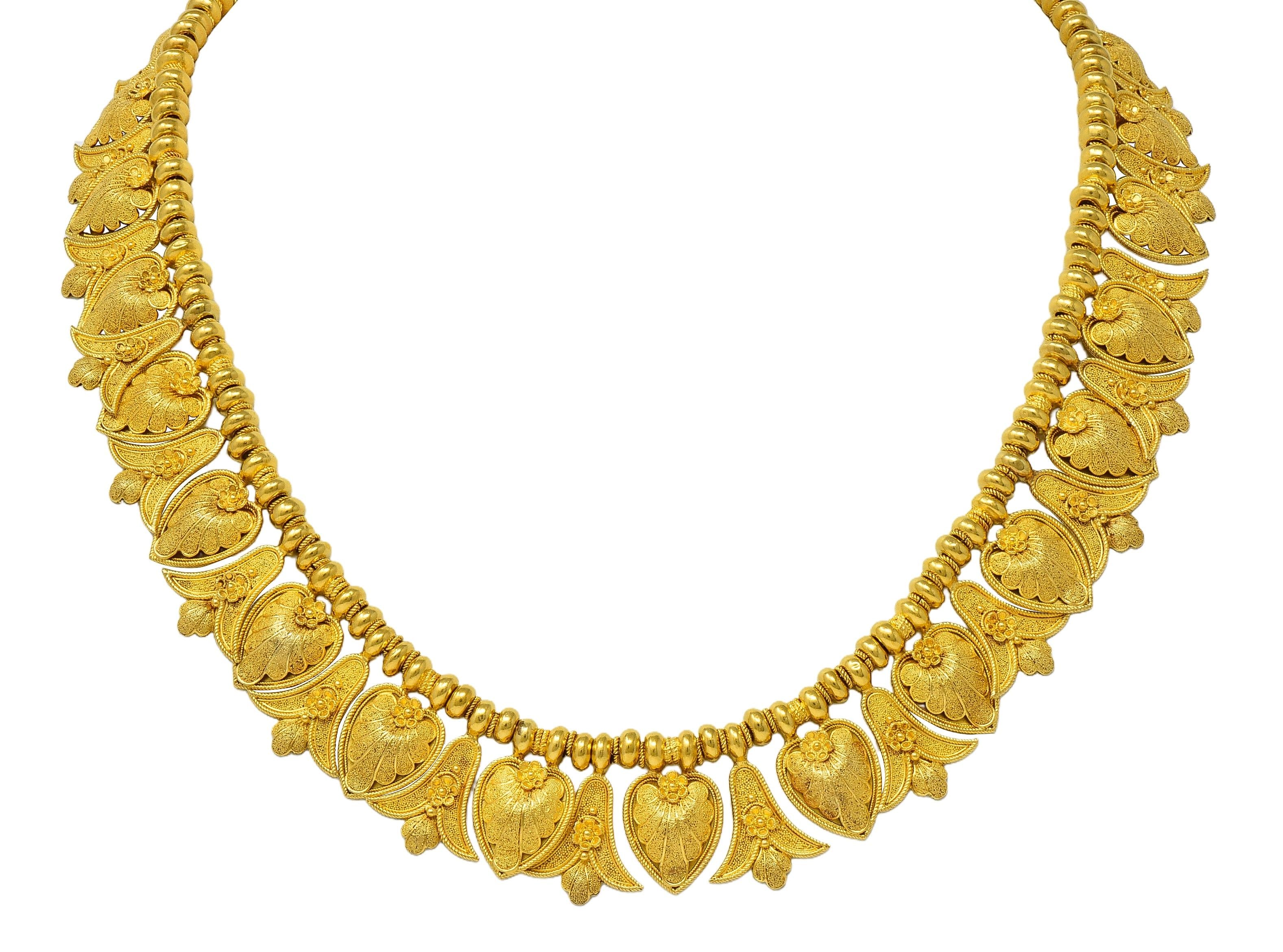 Victorian Etruscan Revival 18K Gold Antique Palm & Lotus Fringe Necklace