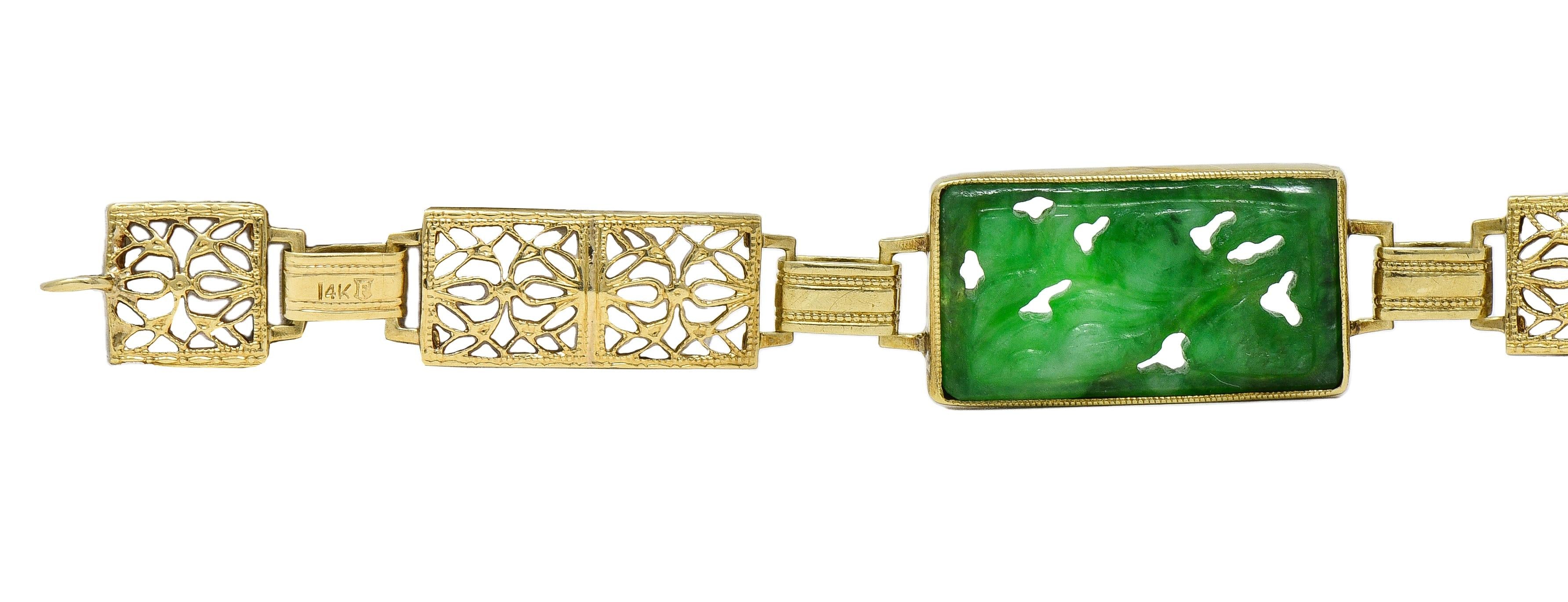 Fritzsche & Co. Art Deco Carved Jade 14 Karat Gold Antique Floral Link Bracelet