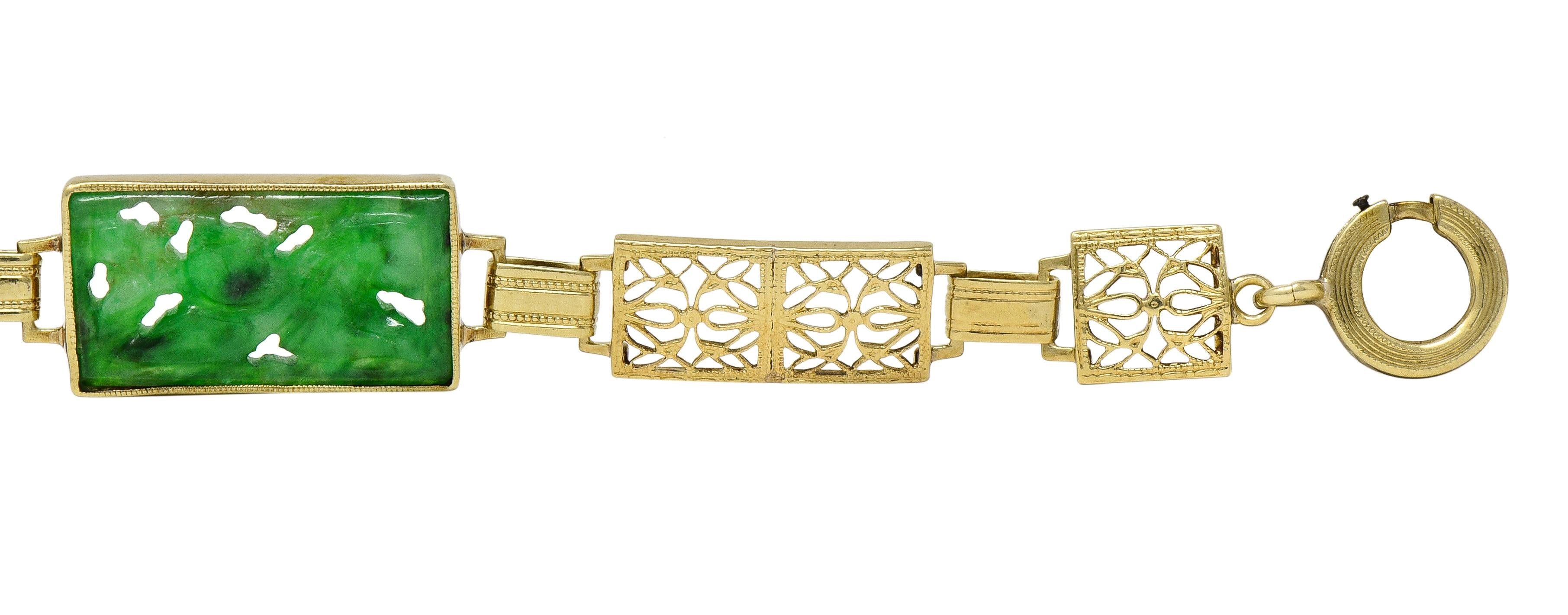 Fritzsche & Co. Art Deco Carved Jade 14 Karat Gold Antique Floral Link Bracelet