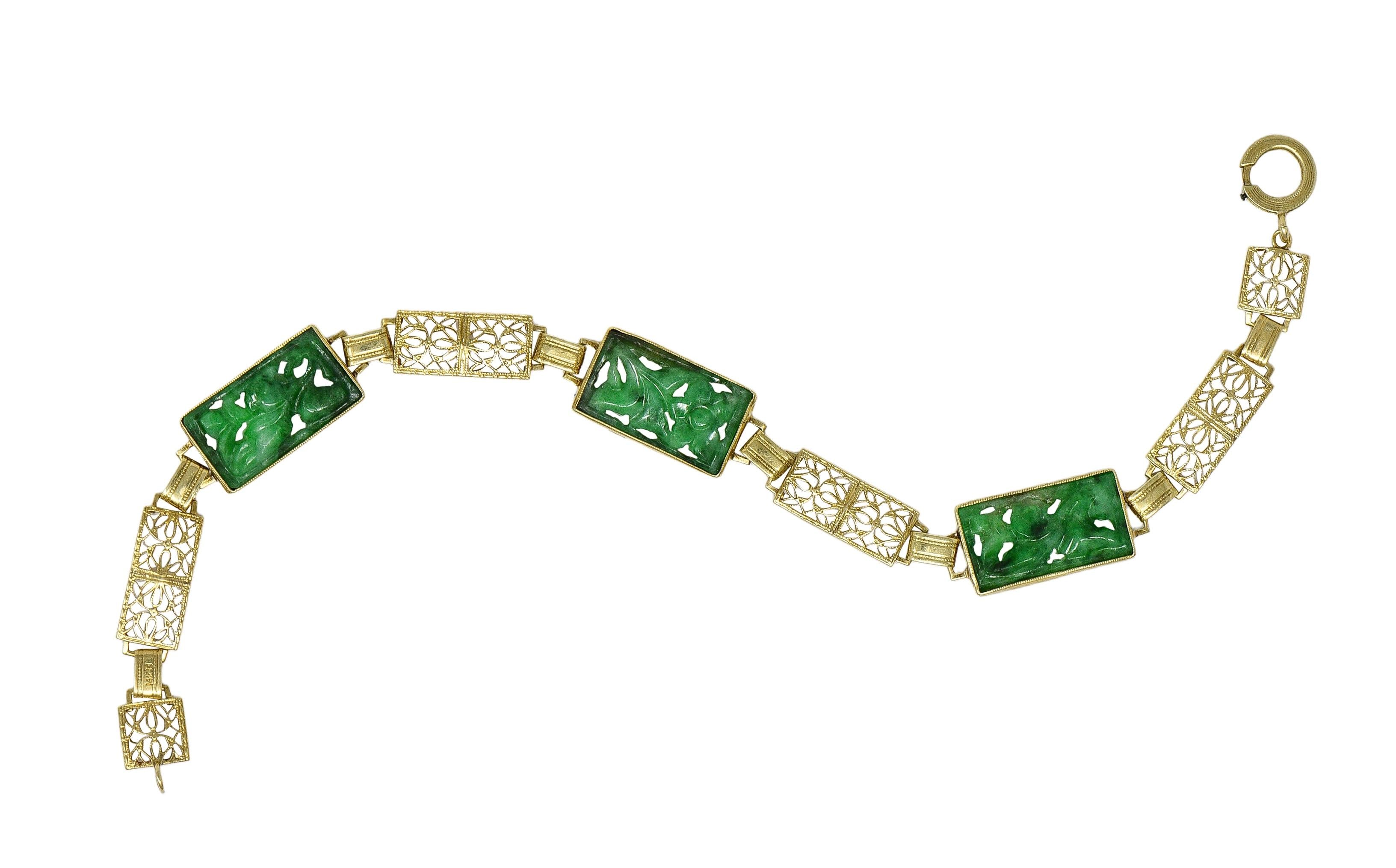 Fritzsche & Co. Art Deco Carved Jade 14 Karat Gold Antique Floral Link Bracelet