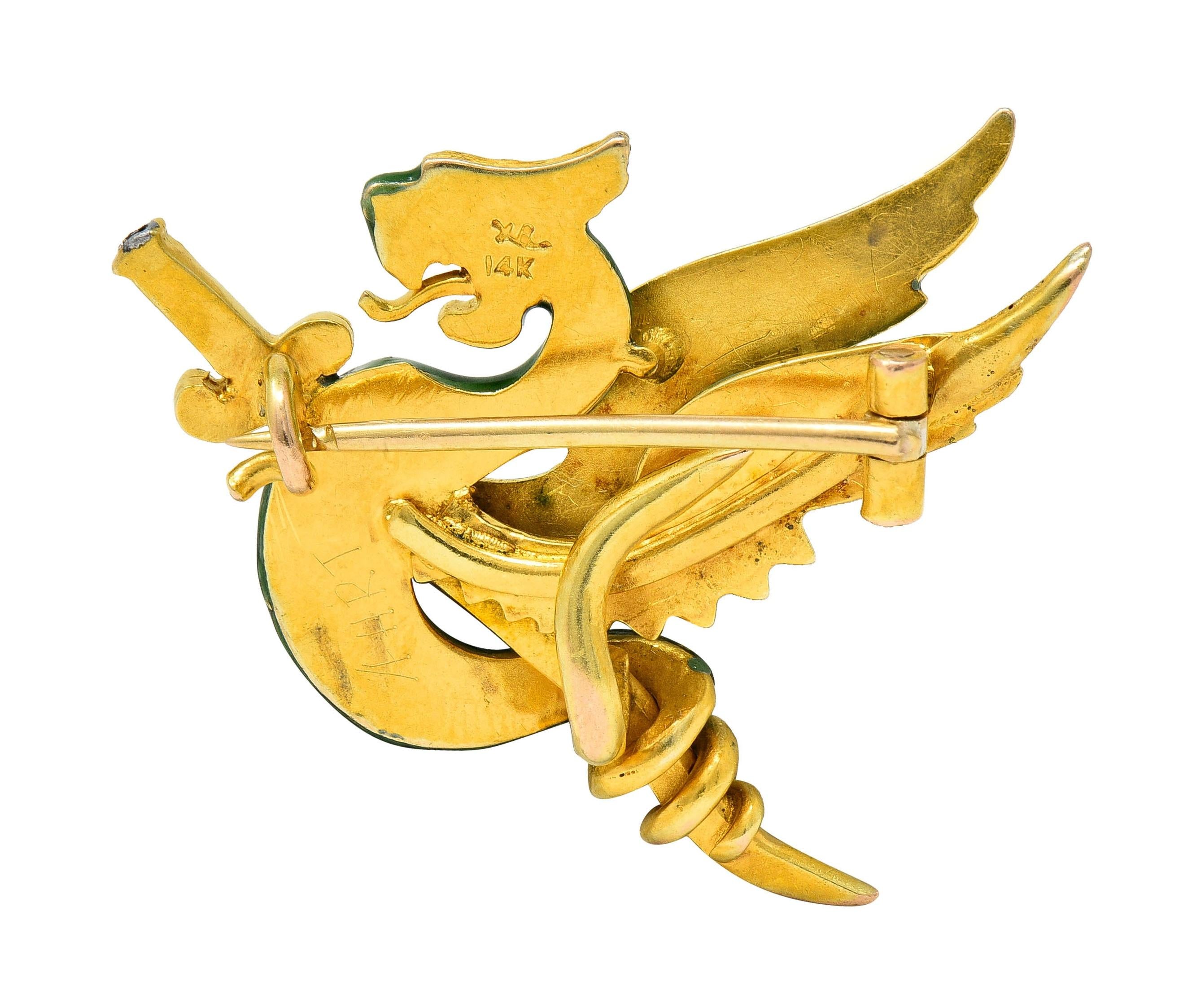 Riker Bros Art Nouveau Diamond Pearl Enamel 14K Gold Dragon Sword Antique Brooch
