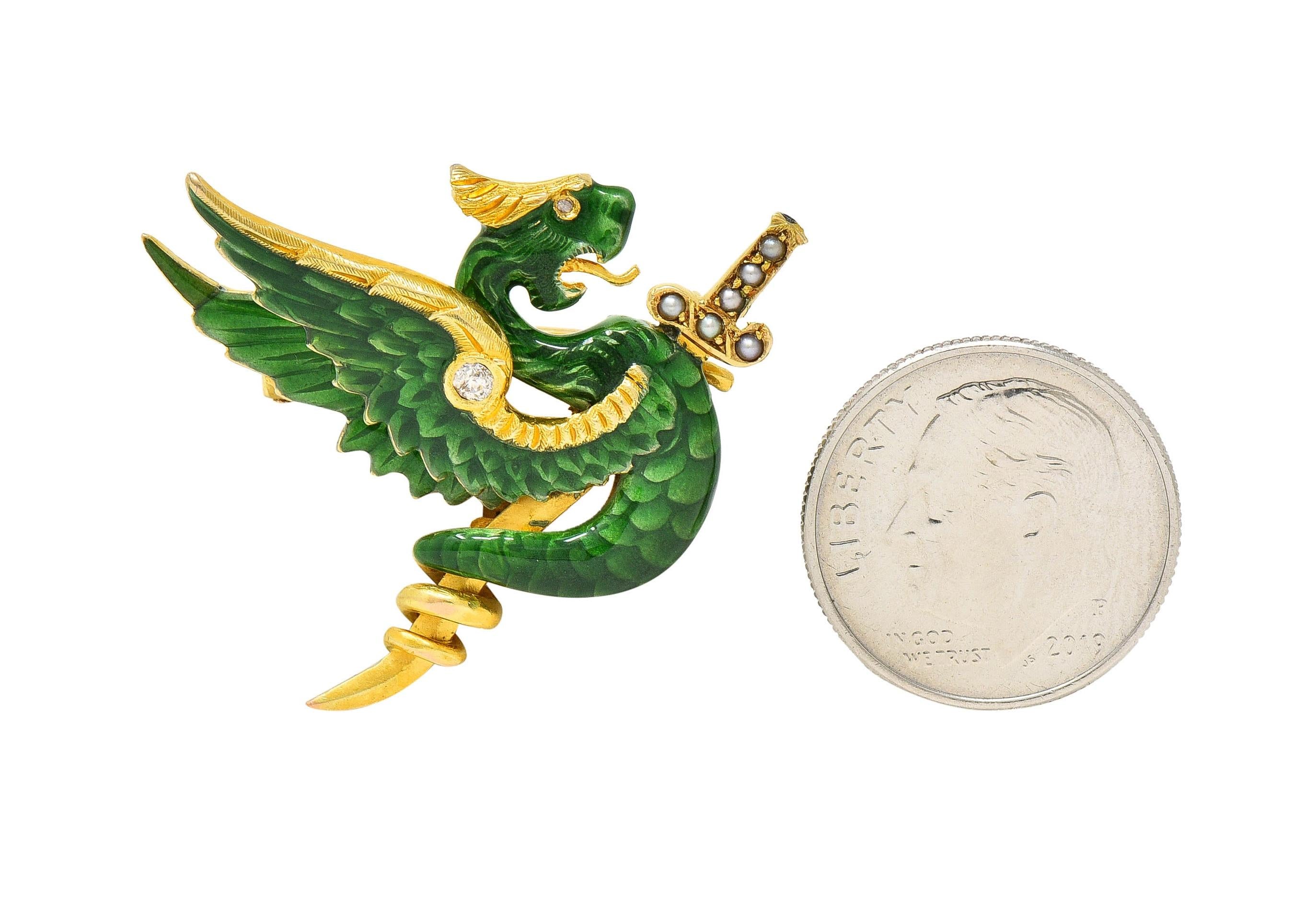 Riker Bros Art Nouveau Diamond Pearl Enamel 14K Gold Dragon Sword Antique Brooch