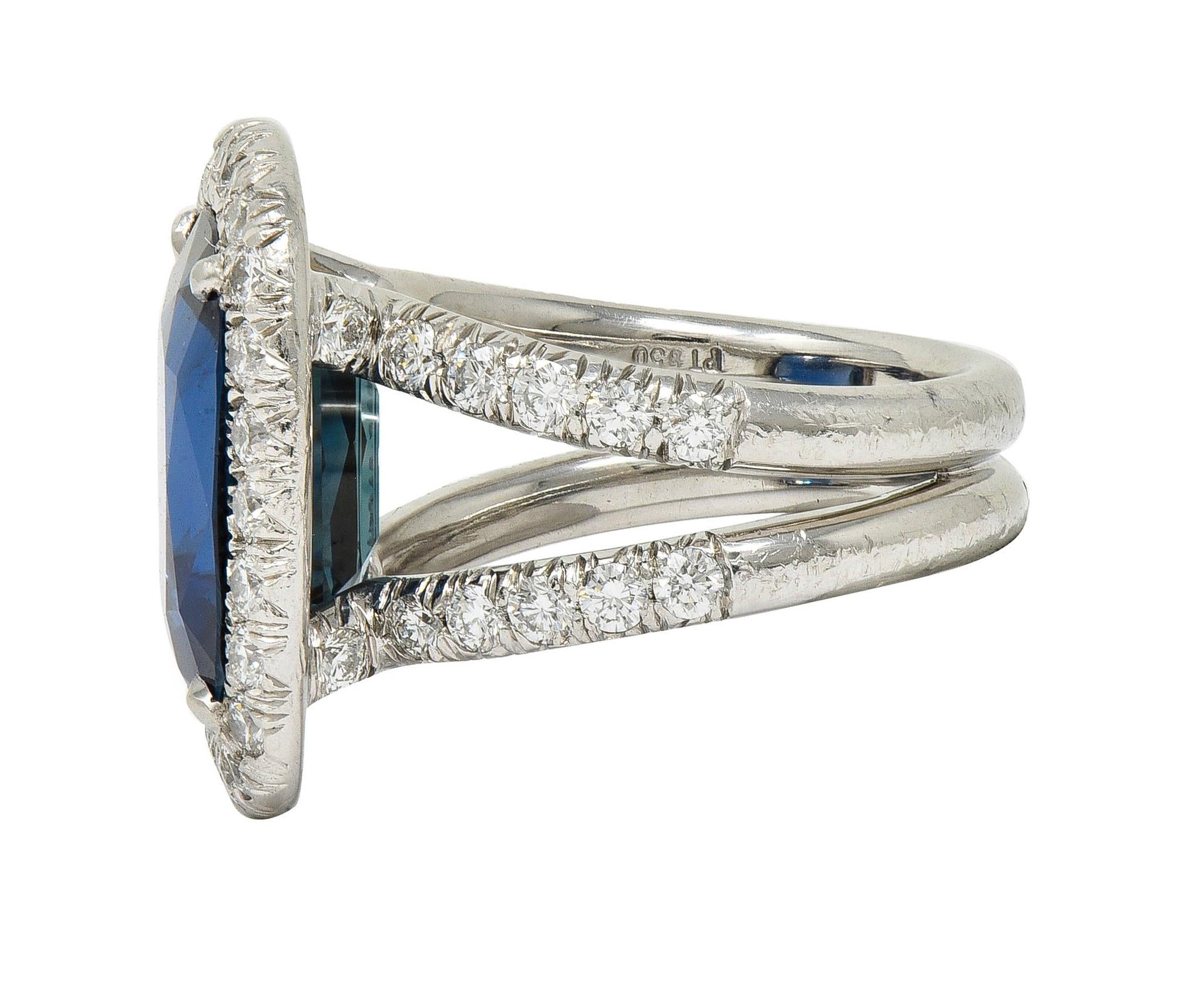 Contemporary 11.50 CTW No Heat Sapphire Diamond Platinum Halo Ring AGL