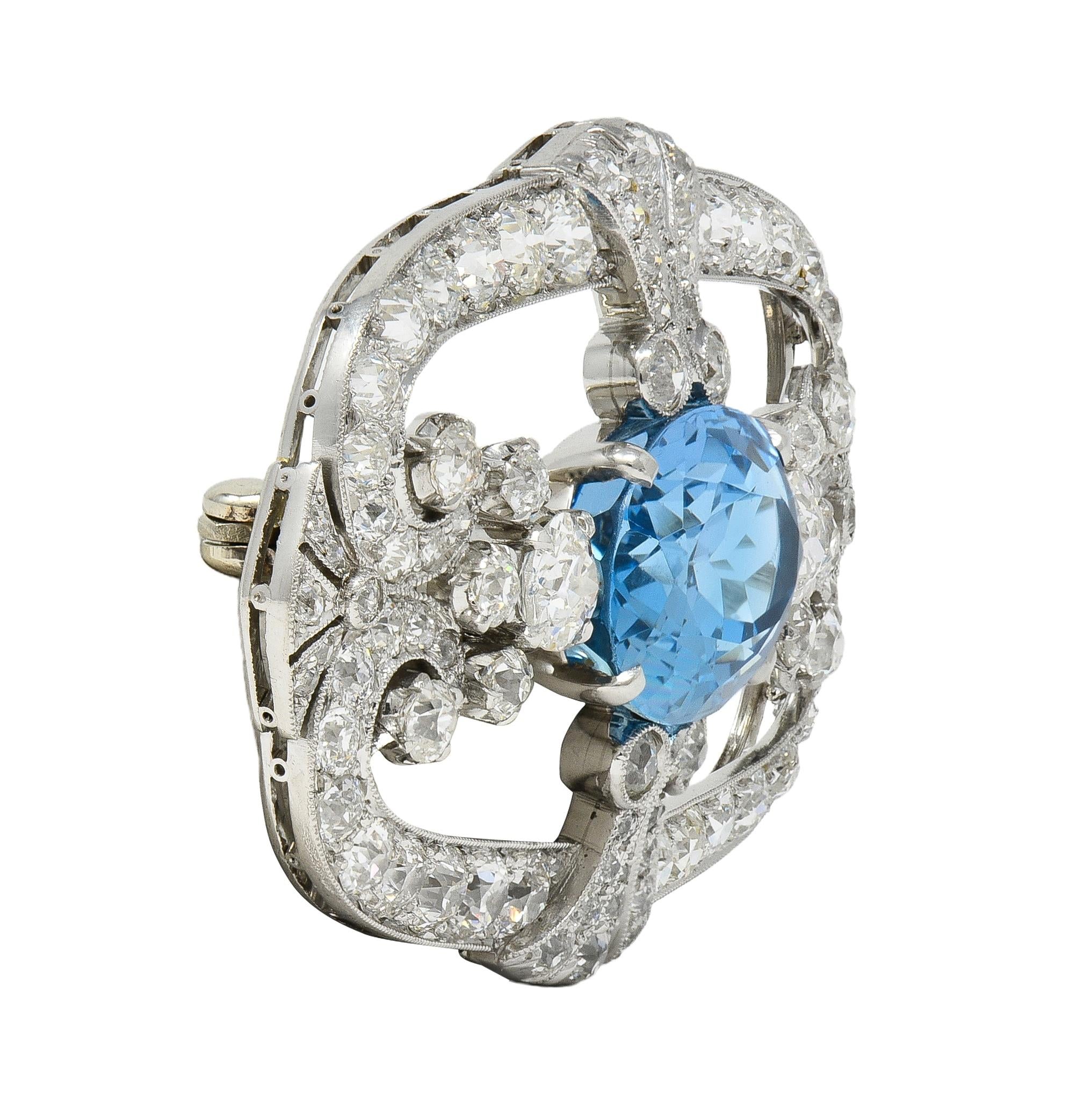Late Art Deco 11.23 CTW Aquamarine Diamond Platinum Vintage Scrolling Brooch