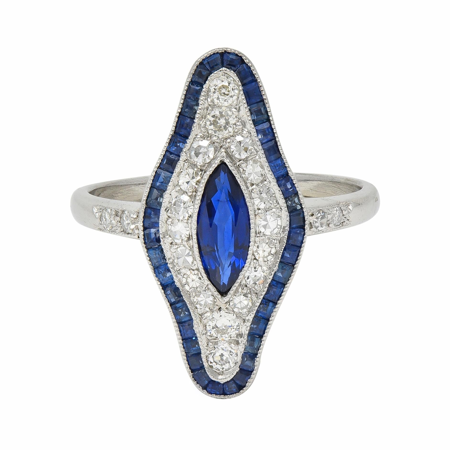 Art Deco 1.30 CTW Sapphire Diamond Platinum Vintage Navette Halo Dinner Ring
