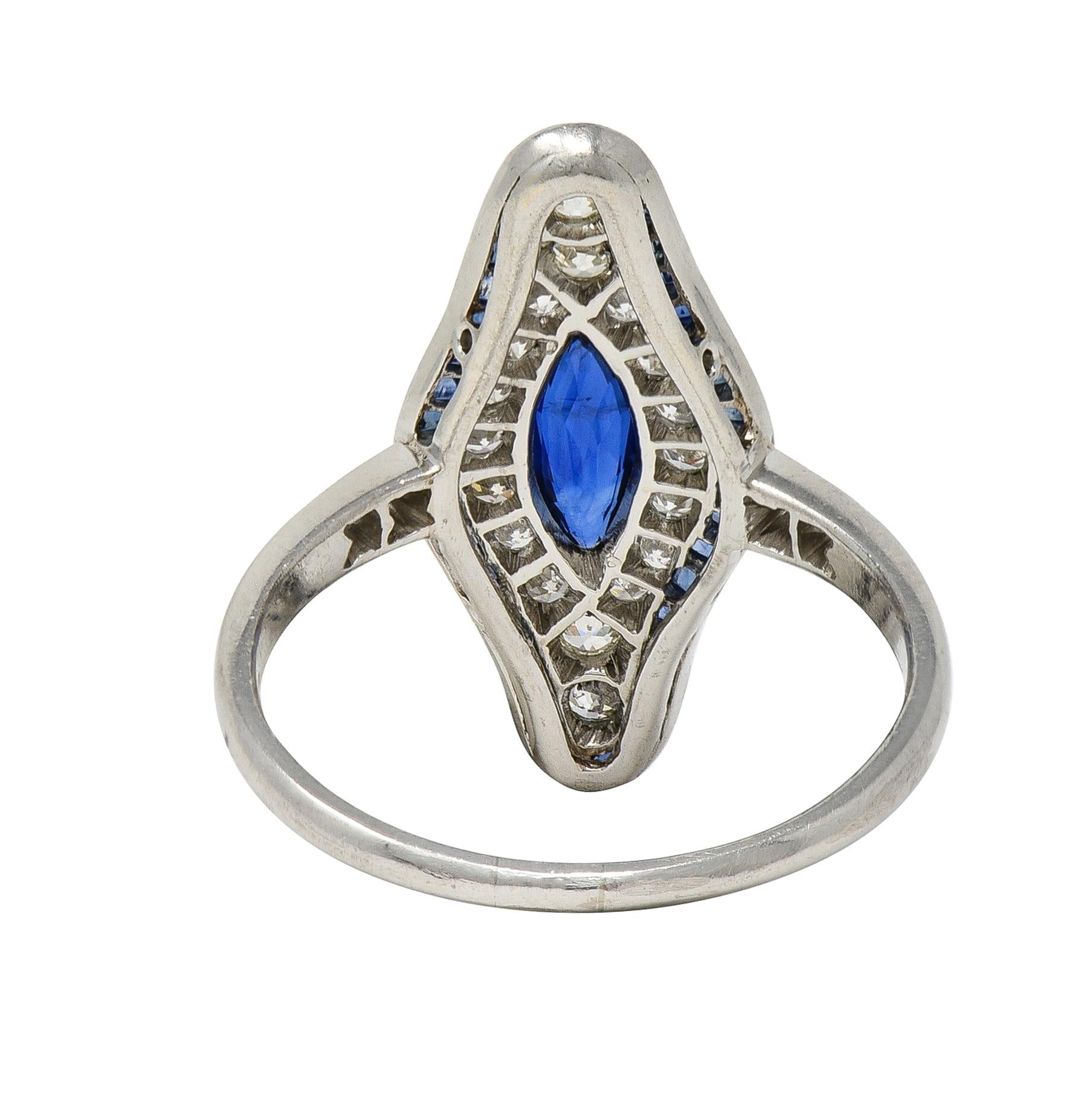 Art Deco 1.30 CTW Sapphire Diamond Platinum Vintage Navette Halo Dinner Ring