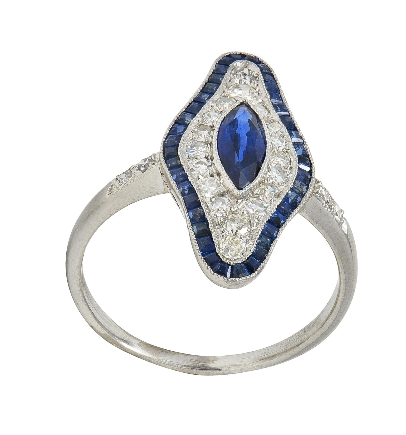 Art Deco 1.30 CTW Sapphire Diamond Platinum Vintage Navette Halo Dinner Ring