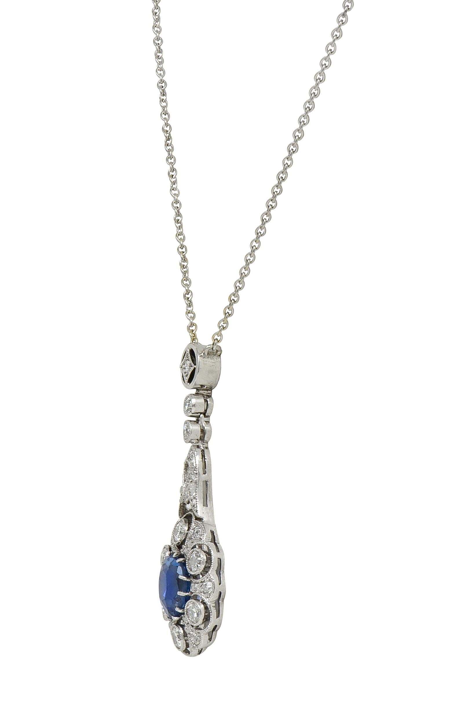Edwardian 2.33 CTW No Heat Burma Sapphire Diamond Platinum Antique Drop Necklace