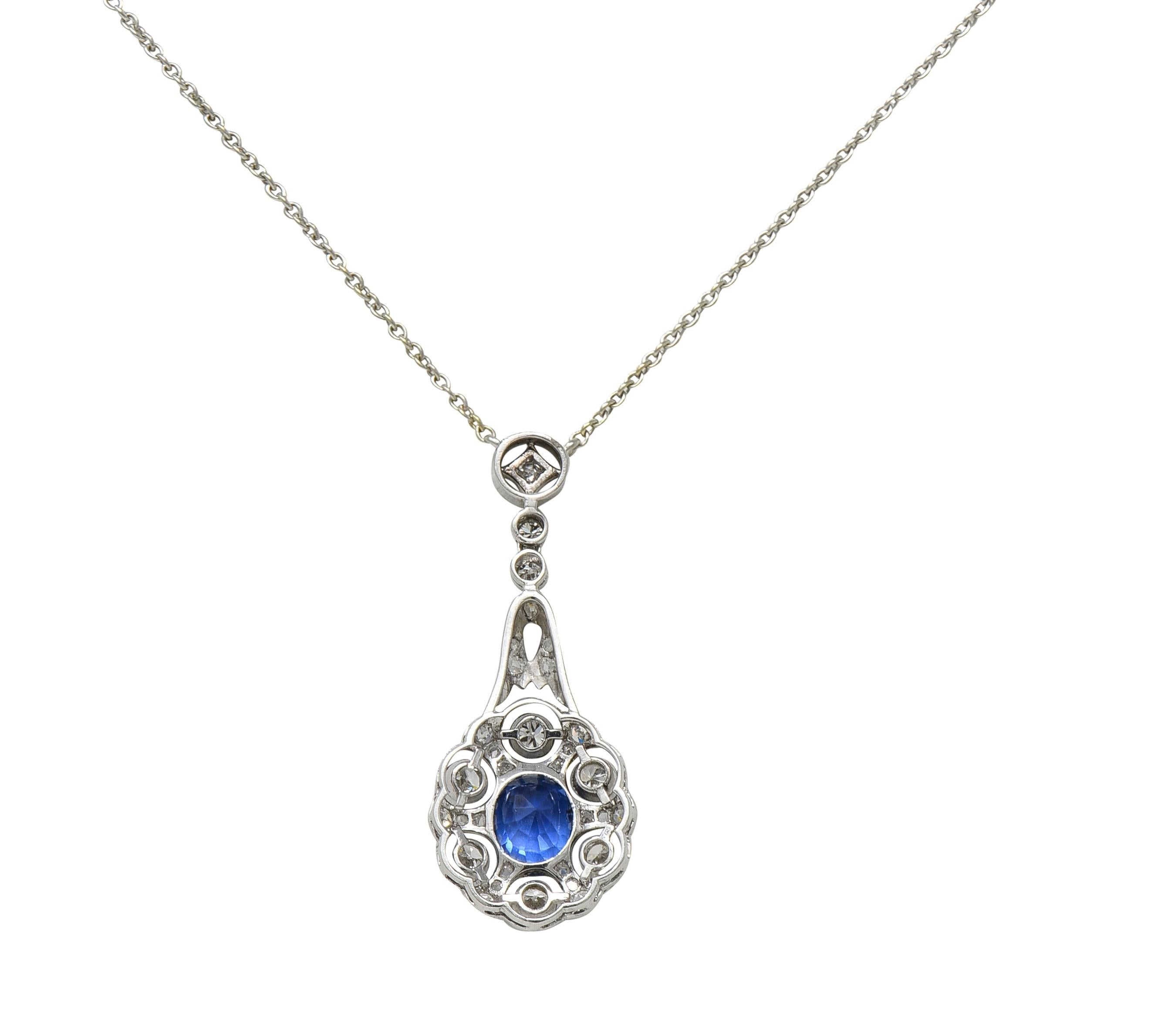 Edwardian 2.33 CTW No Heat Burma Sapphire Diamond Platinum Antique Drop Necklace
