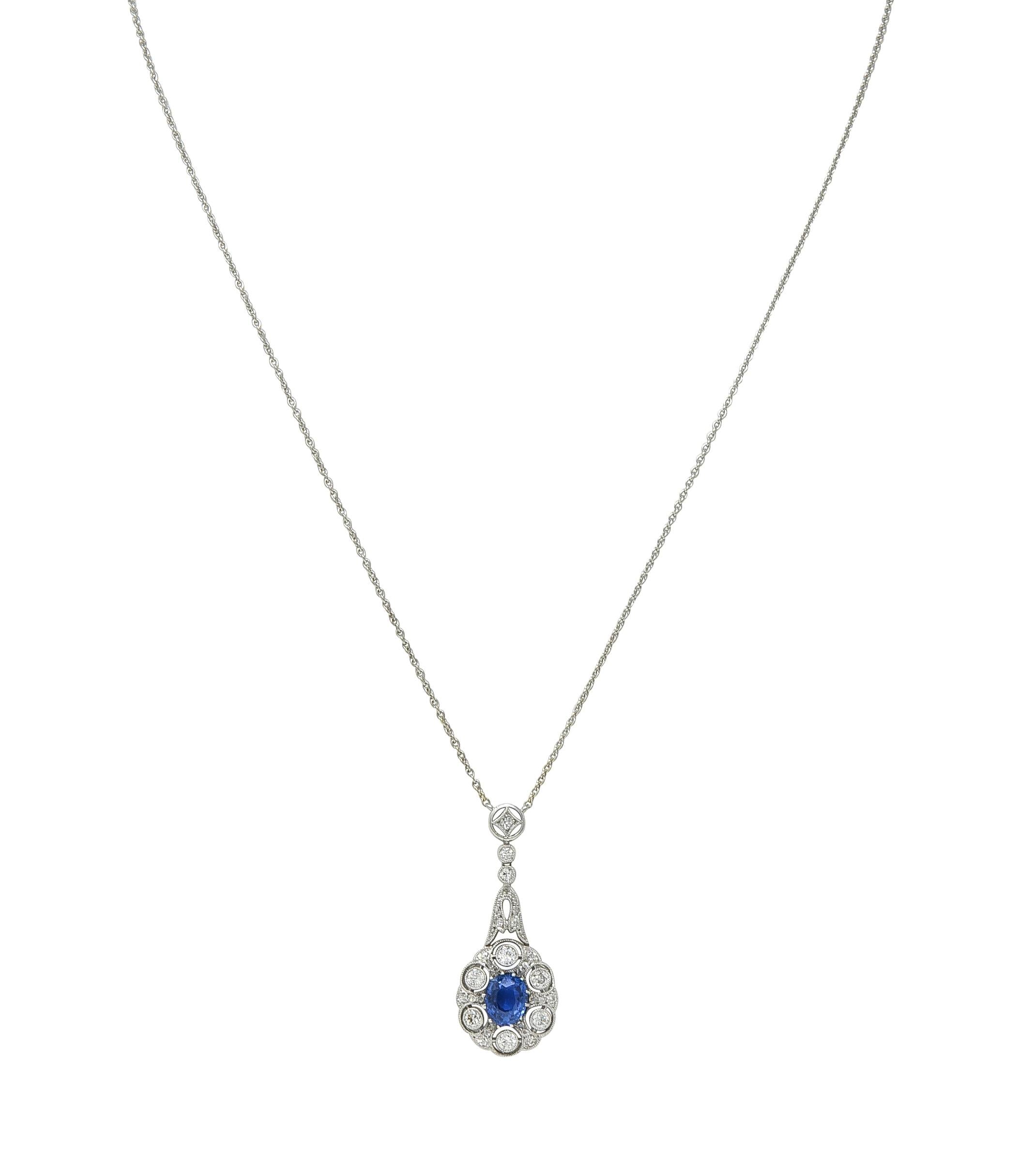 Edwardian 2.33 CTW No Heat Burma Sapphire Diamond Platinum Antique Drop Necklace
