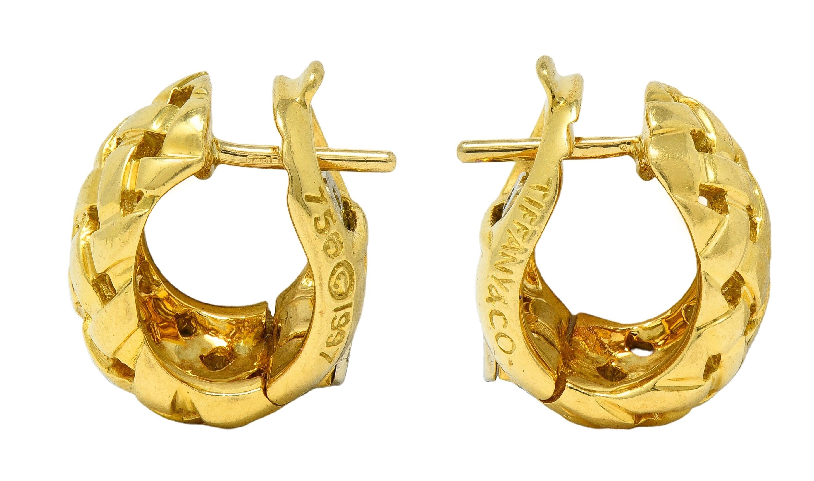 Tiffany & Co. 1997 18 Karat Yellow Gold Vintage Vannerie J-Hoop Earrings