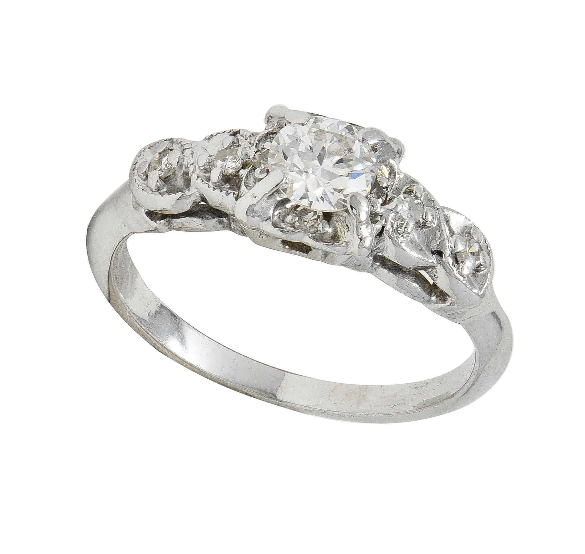 Retro 0.45 CTW Euro Diamond 14 Karat White Gold Vintage Foliate Engagement Ring