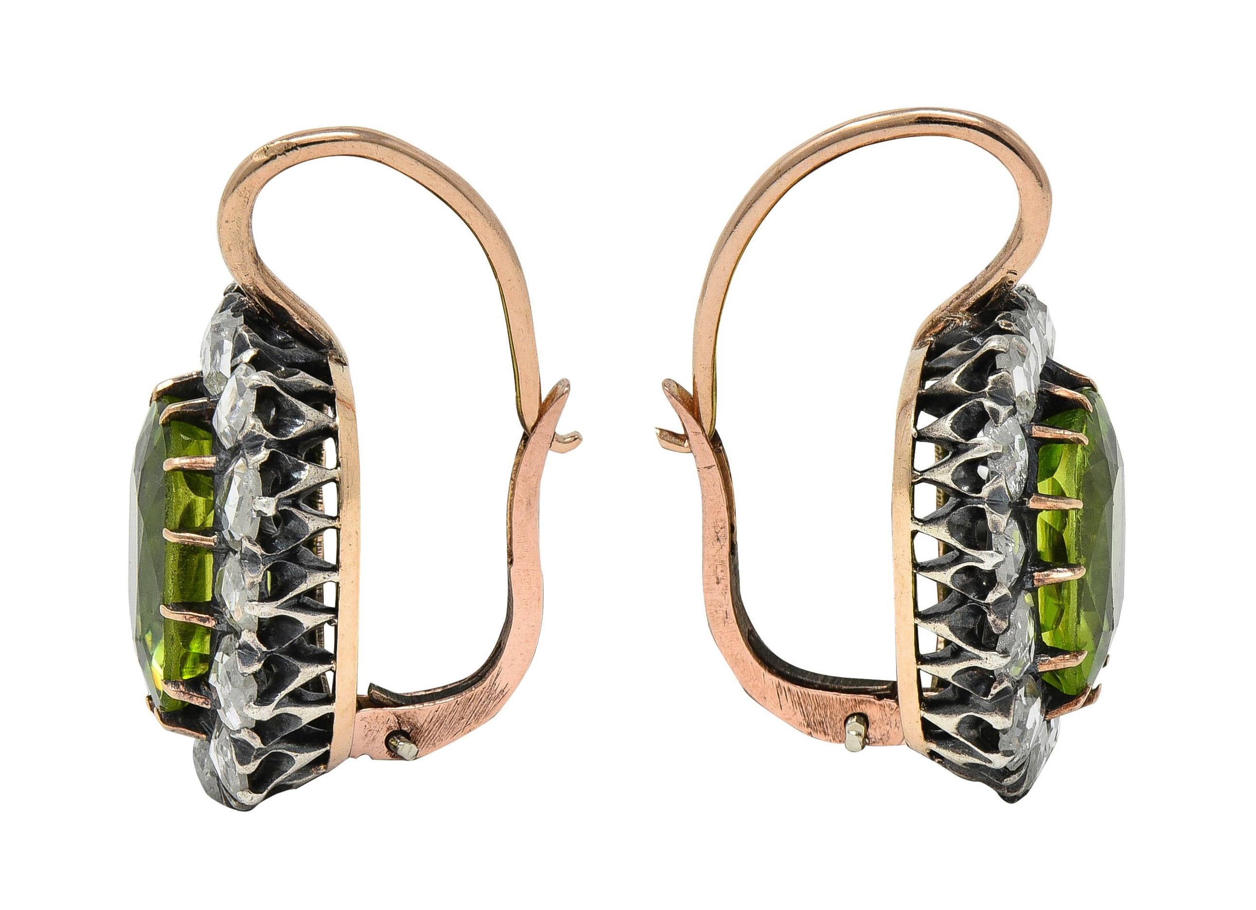 Victorian 6.05 CTW Peridot Diamond Silver 14K Gold Antique Halo Drop Earrings