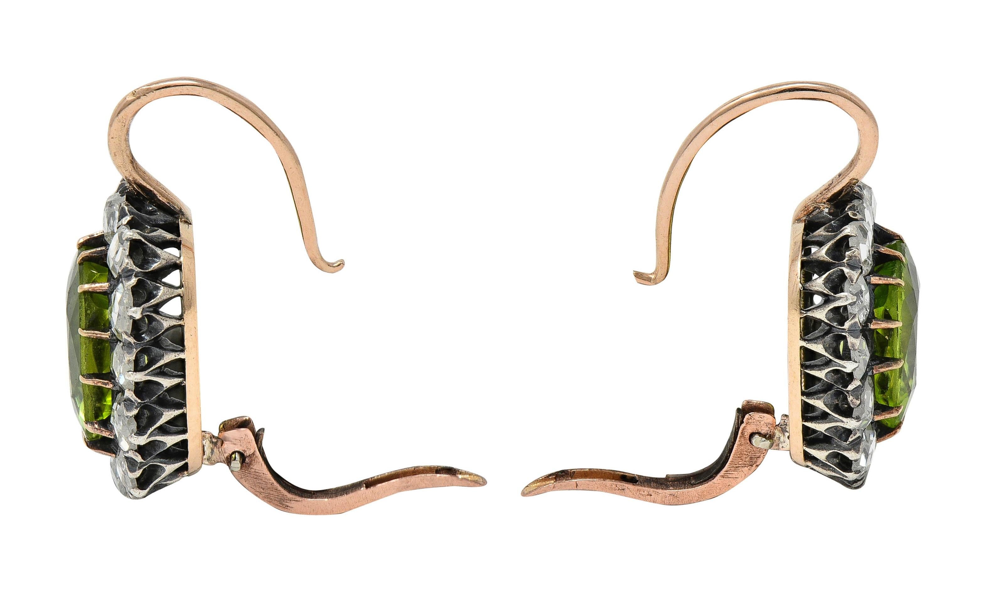 Victorian 6.05 CTW Peridot Diamond Silver 14K Gold Antique Halo Drop Earrings