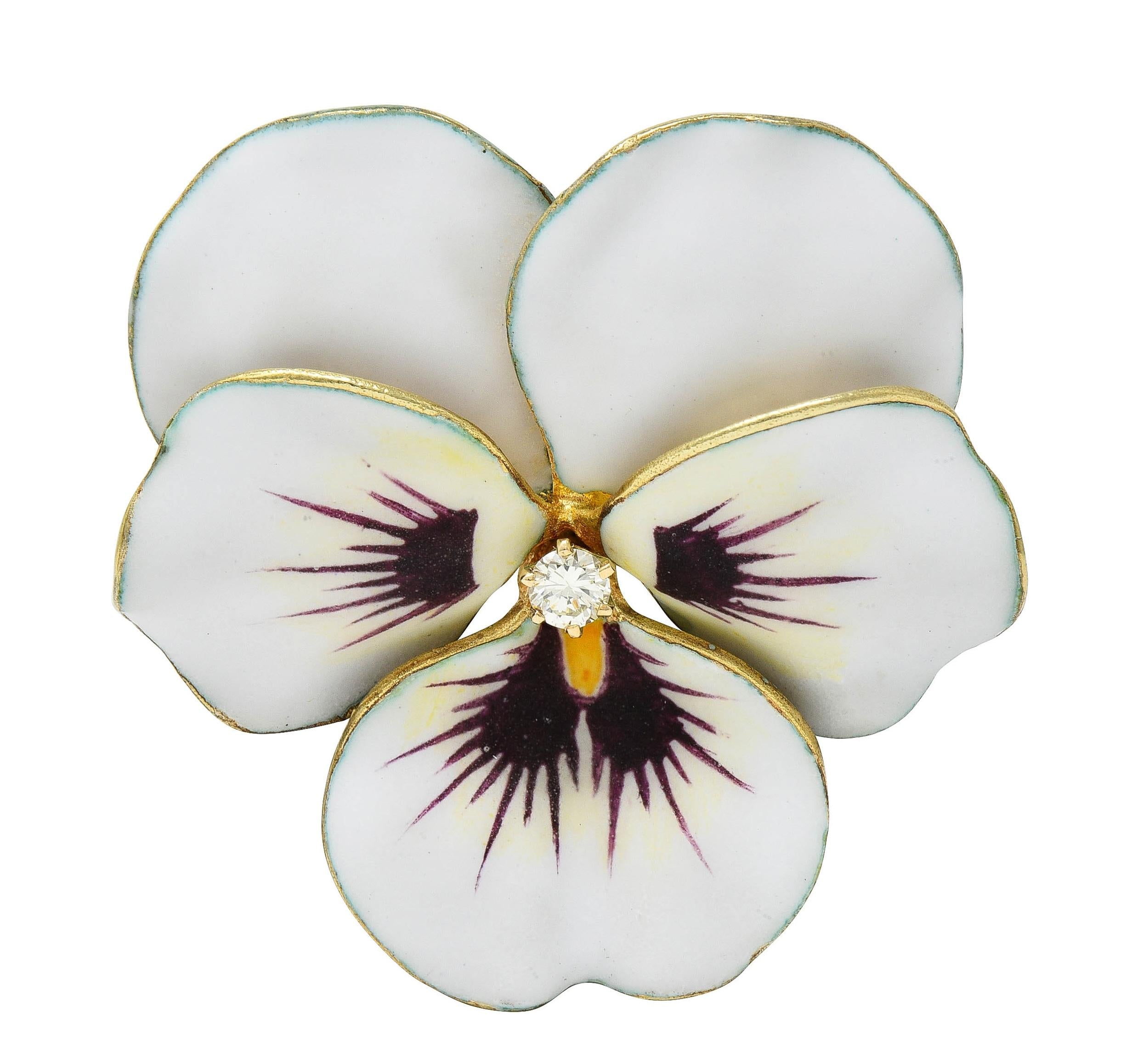 Hedges & Co. Art Nouveau Diamond Enamel 14K Yellow Gold Antique Pansy Brooch