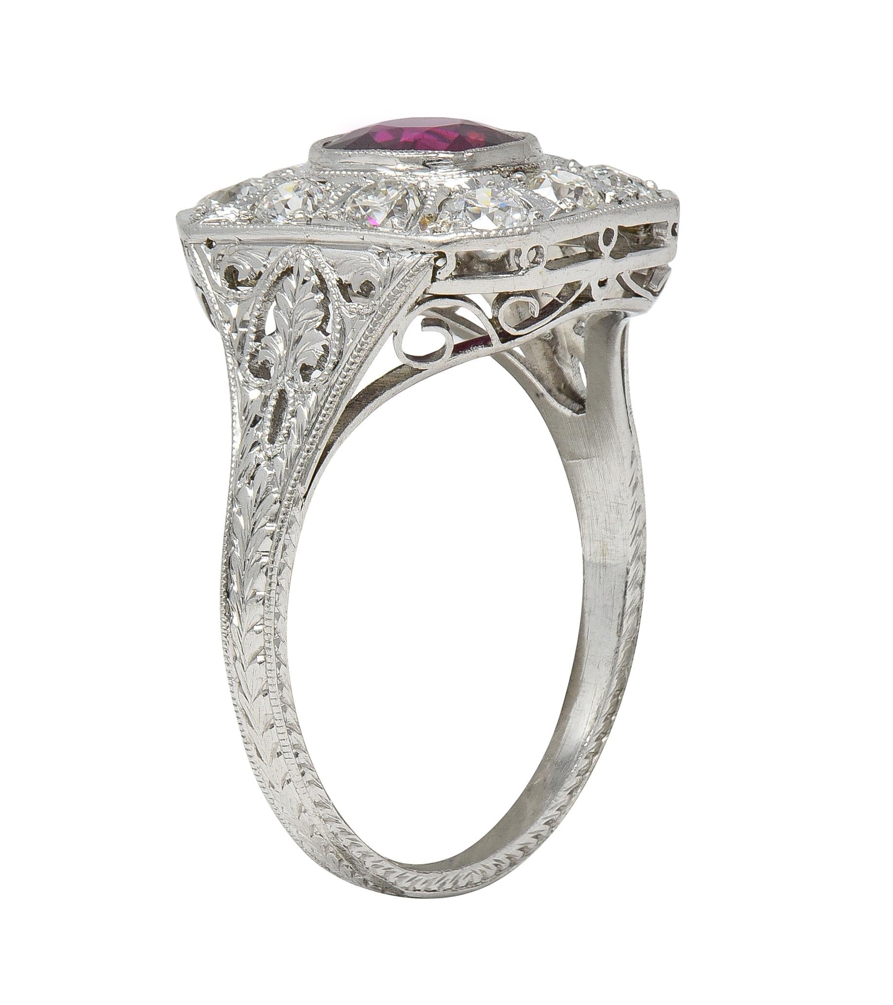 Art Deco 2.18 CTW No Heat Ruby Diamond Platinum Vintage Foliate Halo Ring GIA