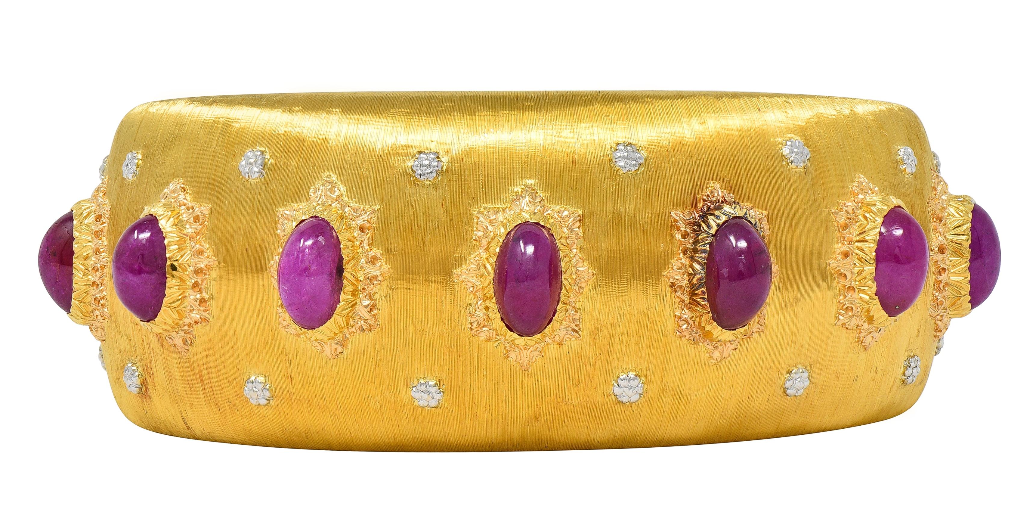Buccellati 1980's Ruby 11.20 CTW 18K Two-Tone Gold Vintage Macri Cuff Bracelet