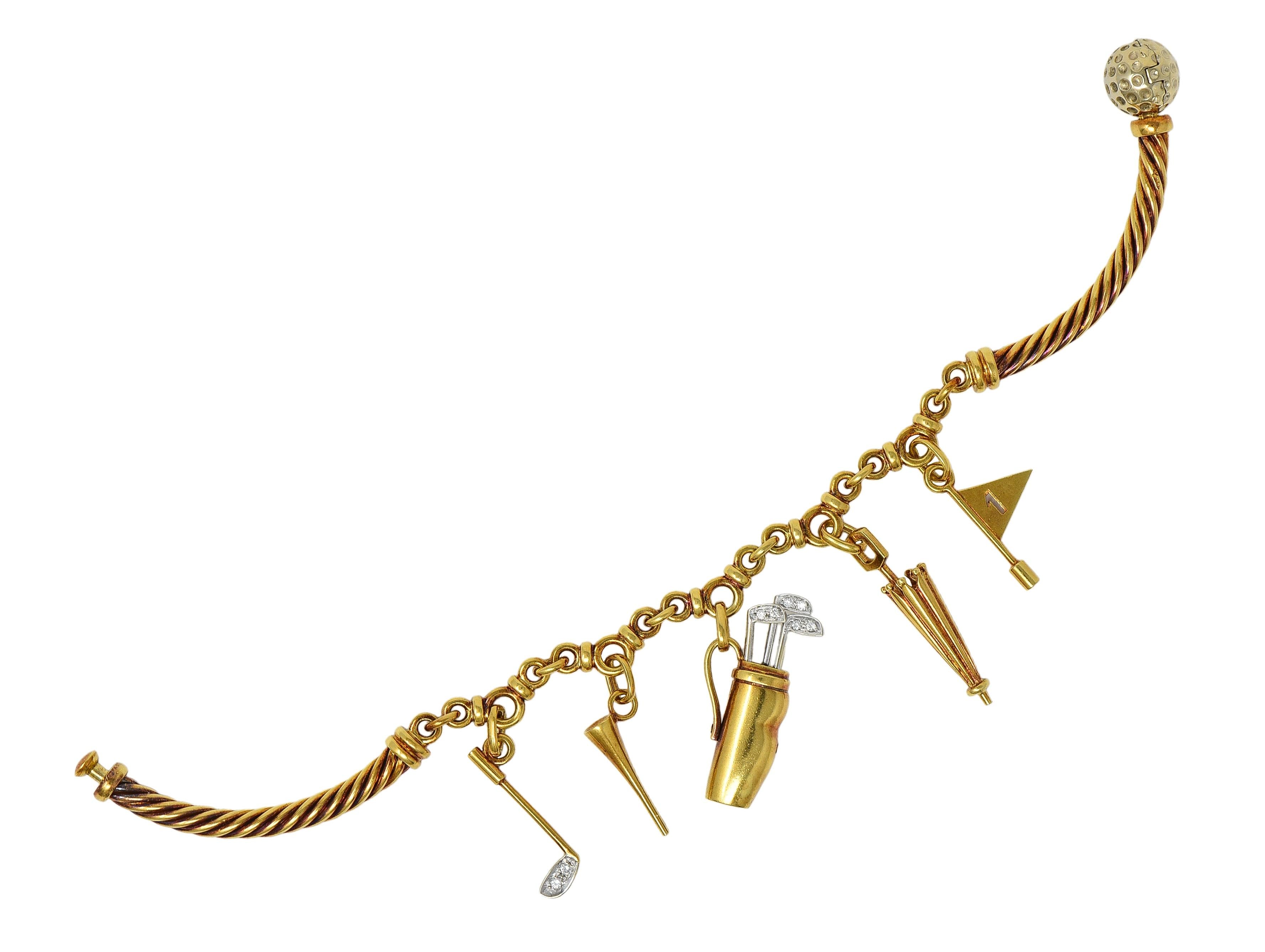 Pomellato 1990's Diamond 18 Karat Two-Tone Gold Vintage Golf Charm Bracelet
