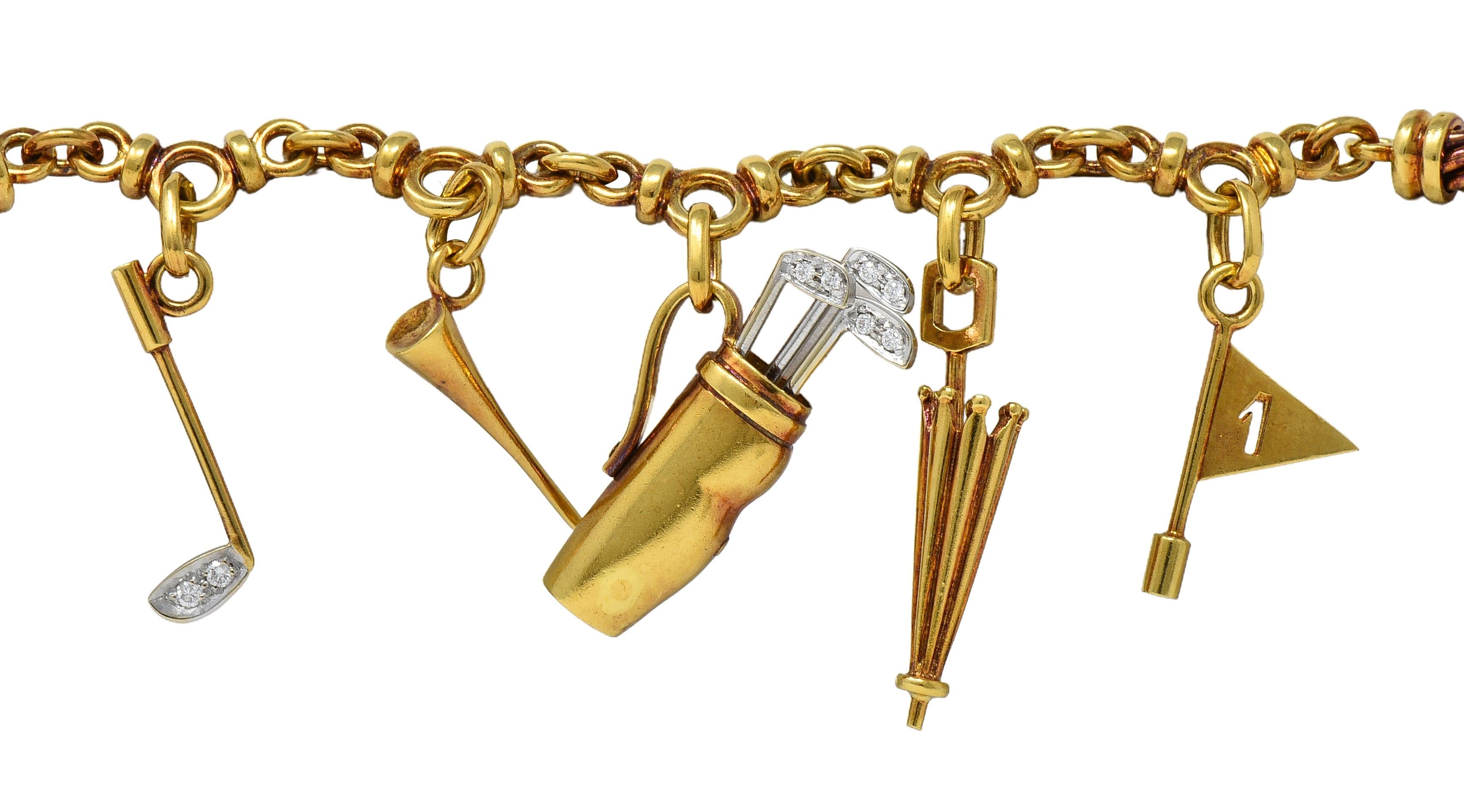 Pomellato 1990's Diamond 18 Karat Two-Tone Gold Vintage Golf Charm Bracelet