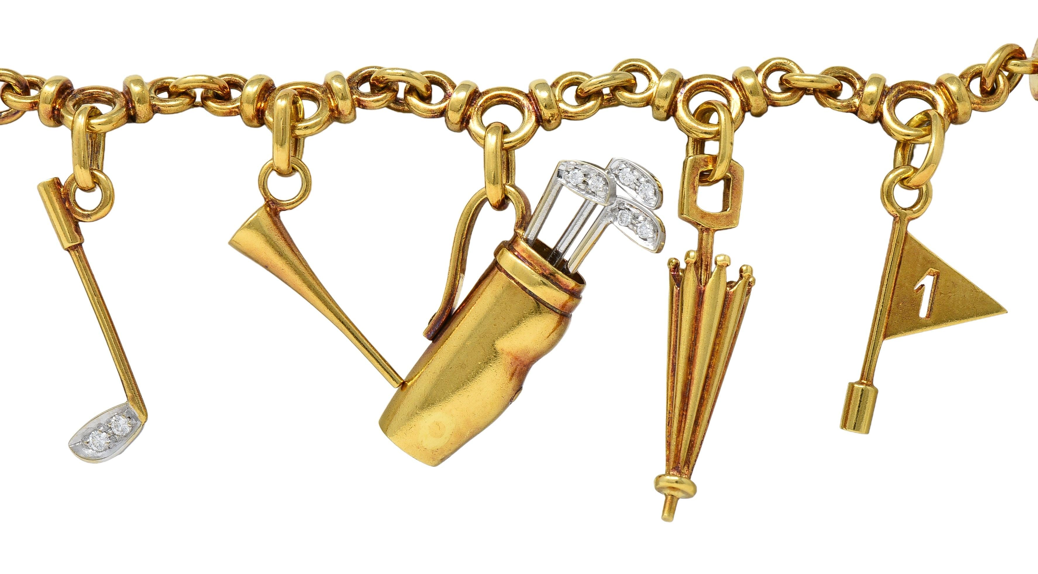 Pomellato 1990's Diamond 18 Karat Two-Tone Gold Vintage Golf Charm Bracelet