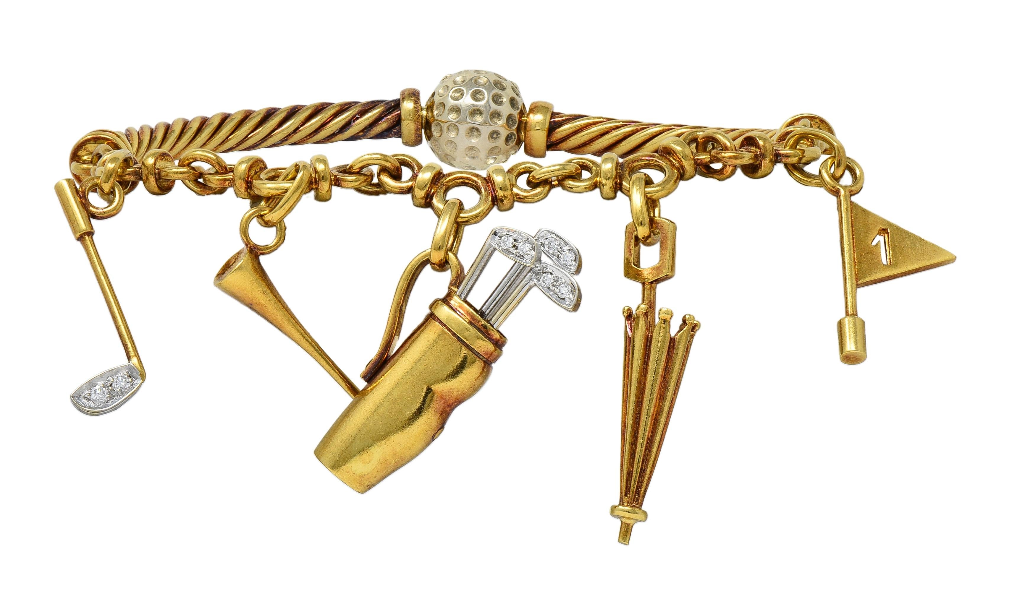 Pomellato 1990's Diamond 18 Karat Two-Tone Gold Vintage Golf Charm Bracelet