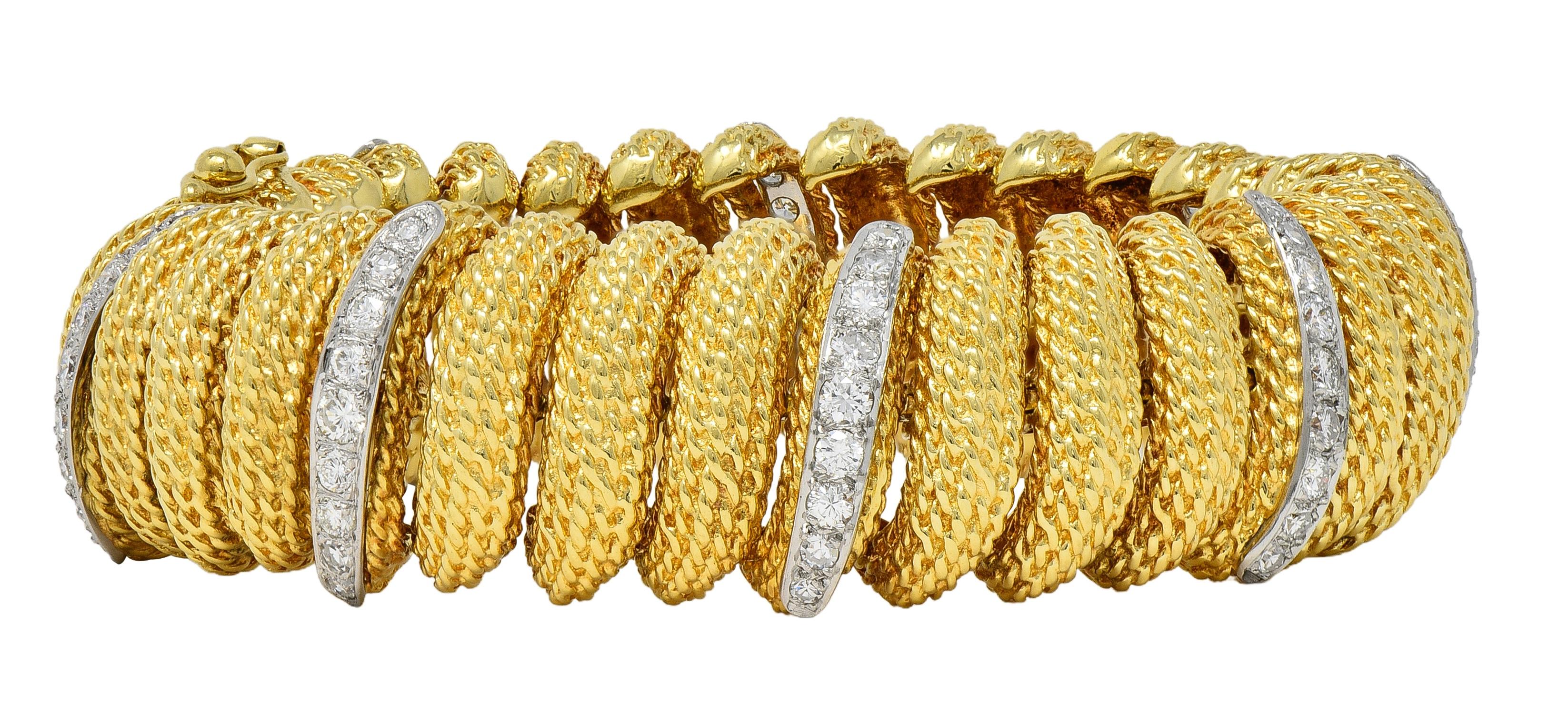 1960's 2.80 CTW Diamond Platinum 18K Gold Vintage Woven Twist Link Bracelet