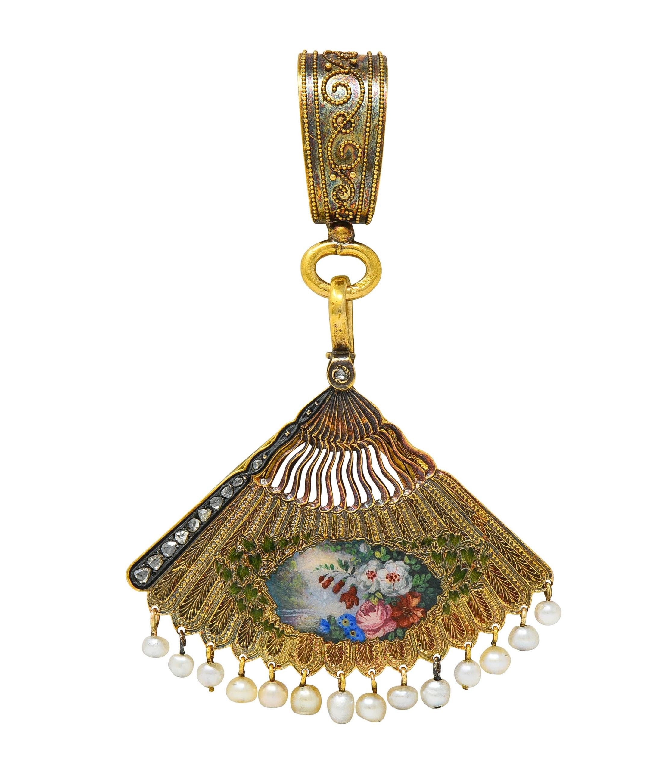 Victorian Diamond Pearl Enamel 18K Gold Antique Fan Dog Locket Pendant Brooch