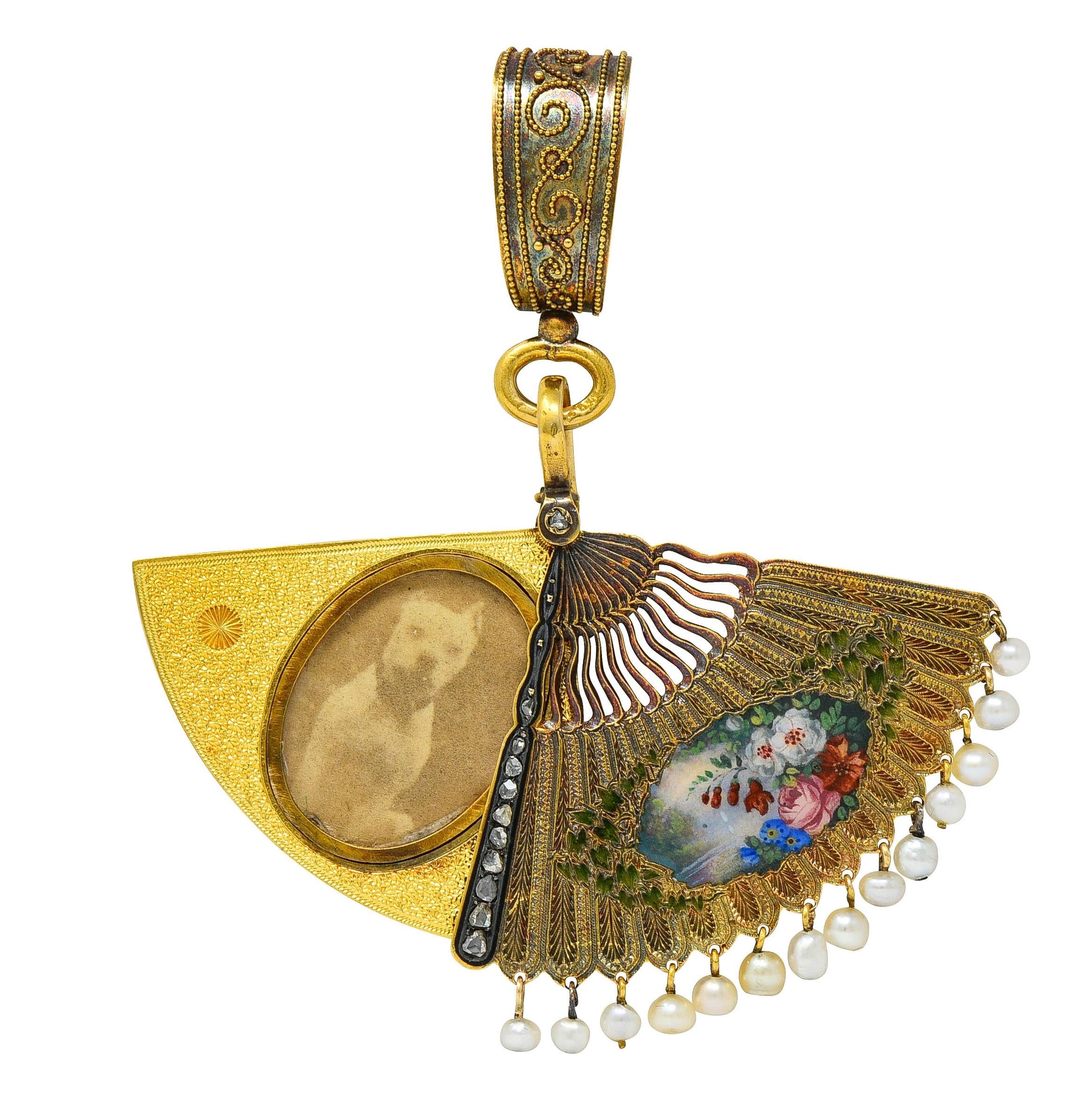 Victorian Diamond Pearl Enamel 18K Gold Antique Fan Dog Locket Pendant Brooch