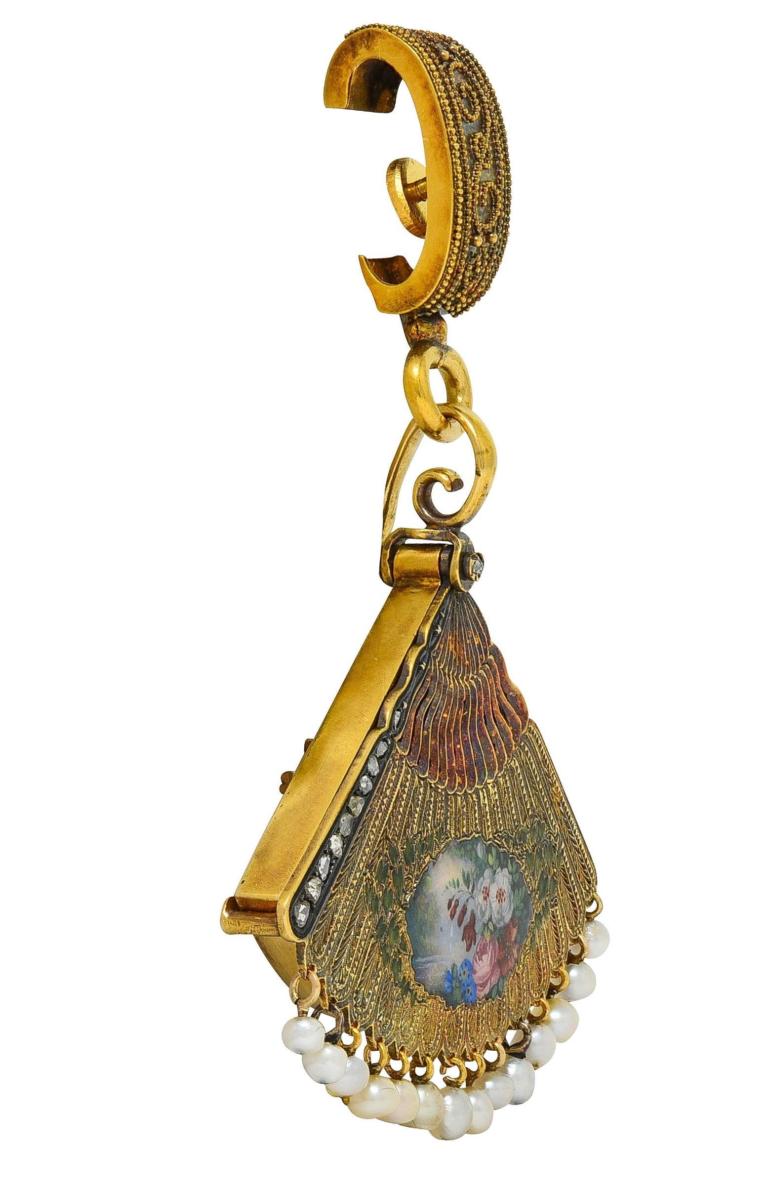 Victorian Diamond Pearl Enamel 18K Gold Antique Fan Dog Locket Pendant Brooch