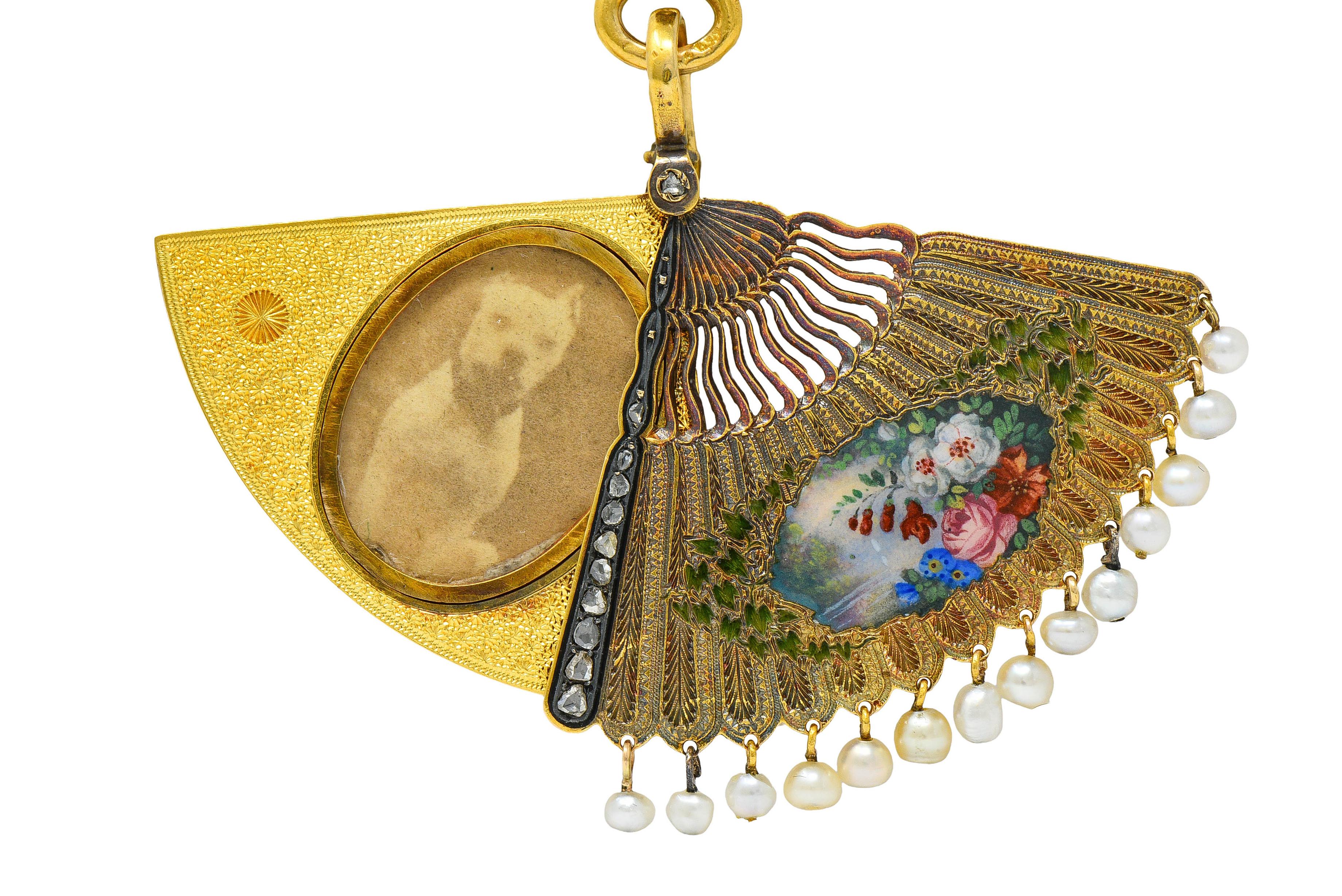 Victorian Diamond Pearl Enamel 18K Gold Antique Fan Dog Locket Pendant Brooch