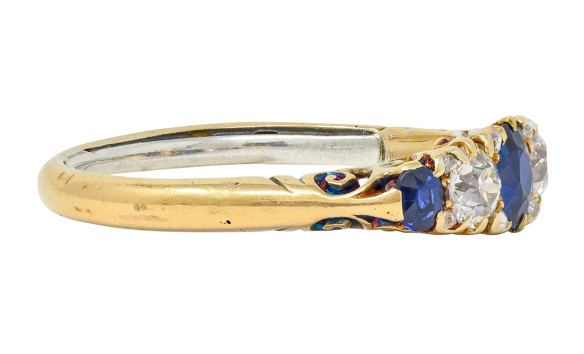 Victorian 1.40 CTW Sapphire Diamond 18K Yellow Gold Antique Scroll Band Ring
