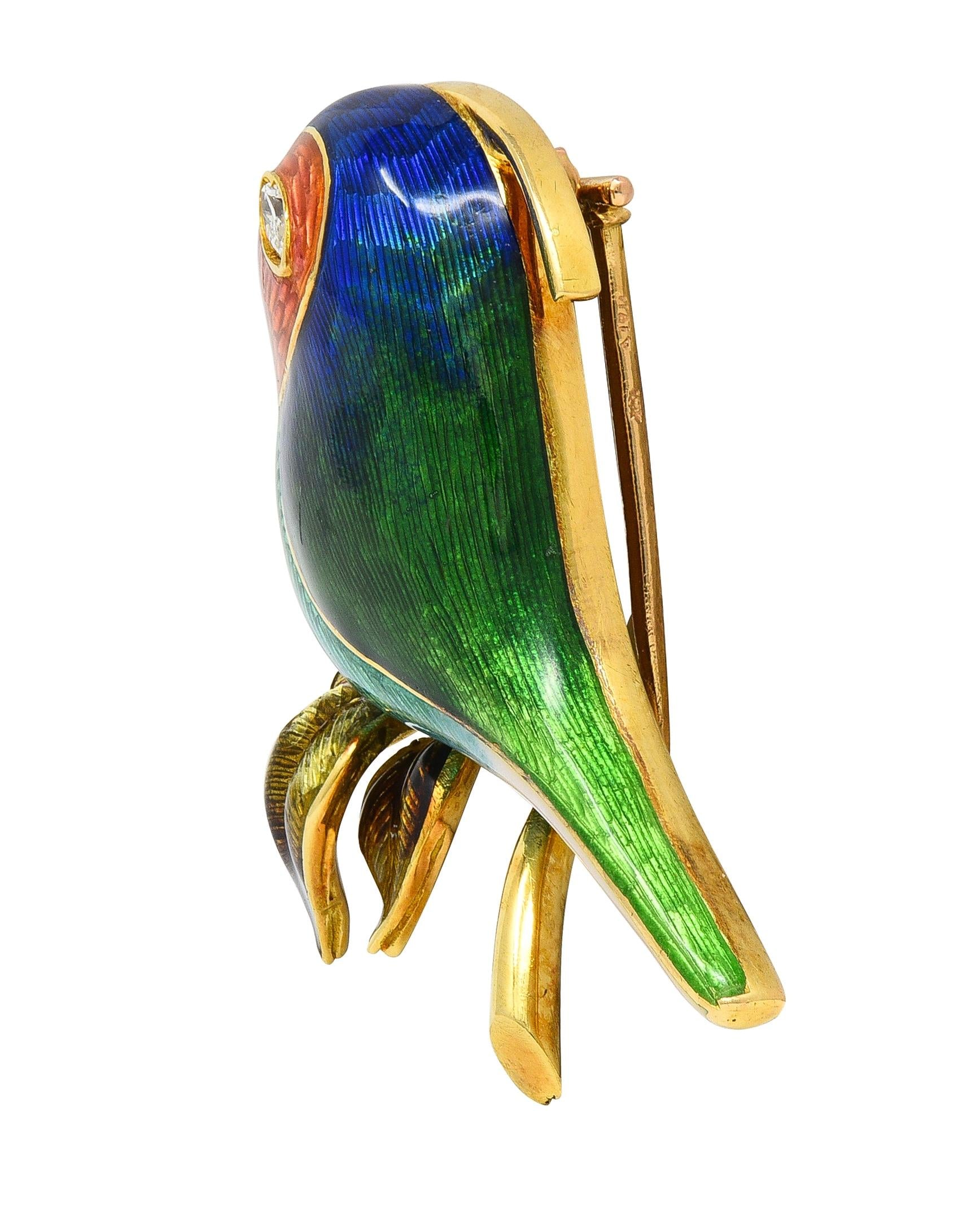 1980's Diamond Enamel 18 Karat Yellow Gold Vintage Bird Brooch