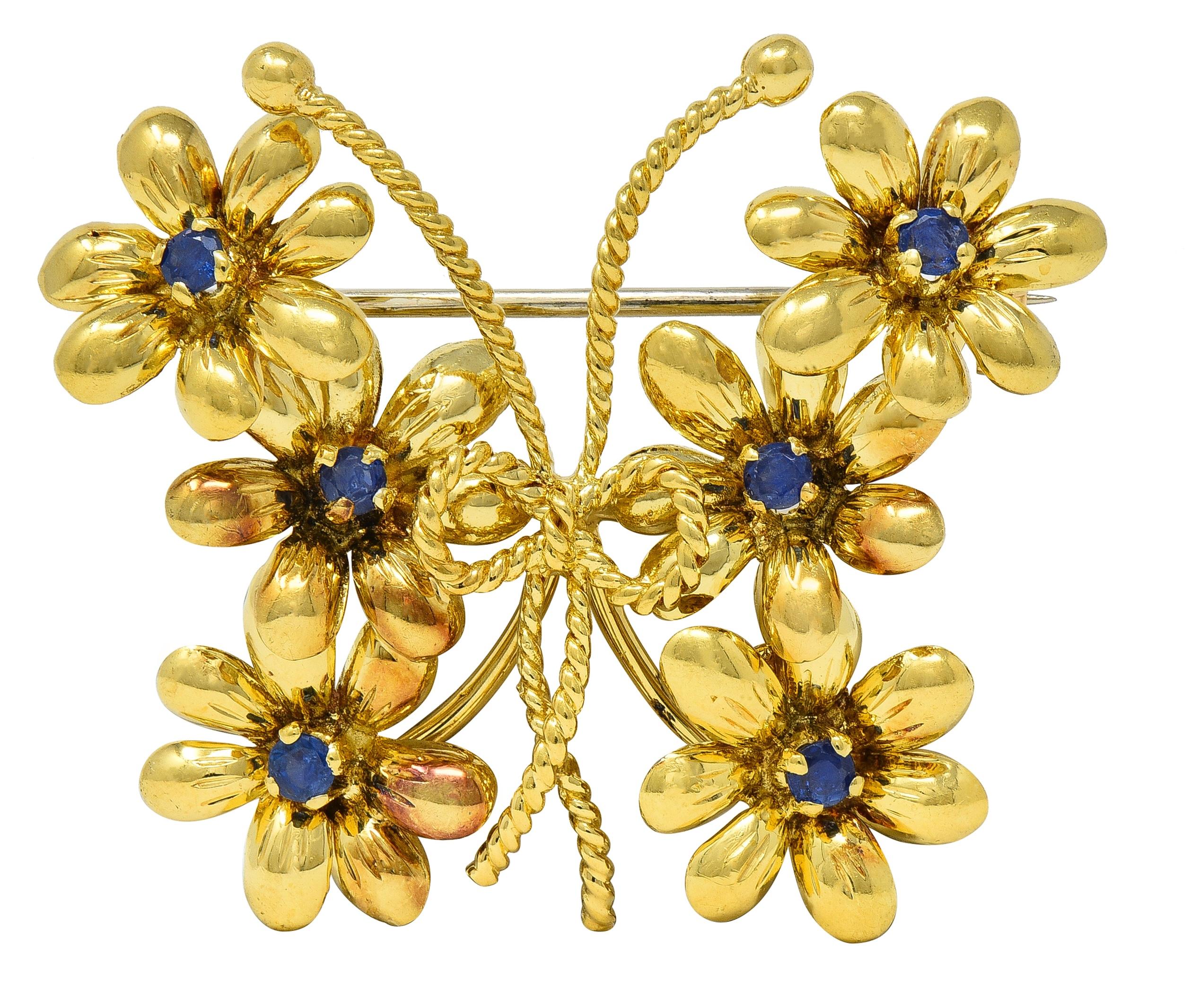 Tiffany & Co. 1960 Sapphire 18K Gold Vintage Bow Floral Butterfly Brooch