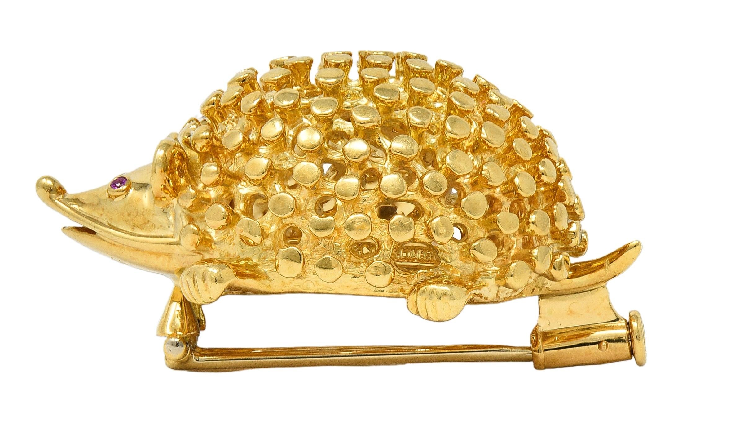 Schlumberger Tiffany & Co. 1980's Ruby 18K Yellow Gold Vintage Hedgehog Brooch