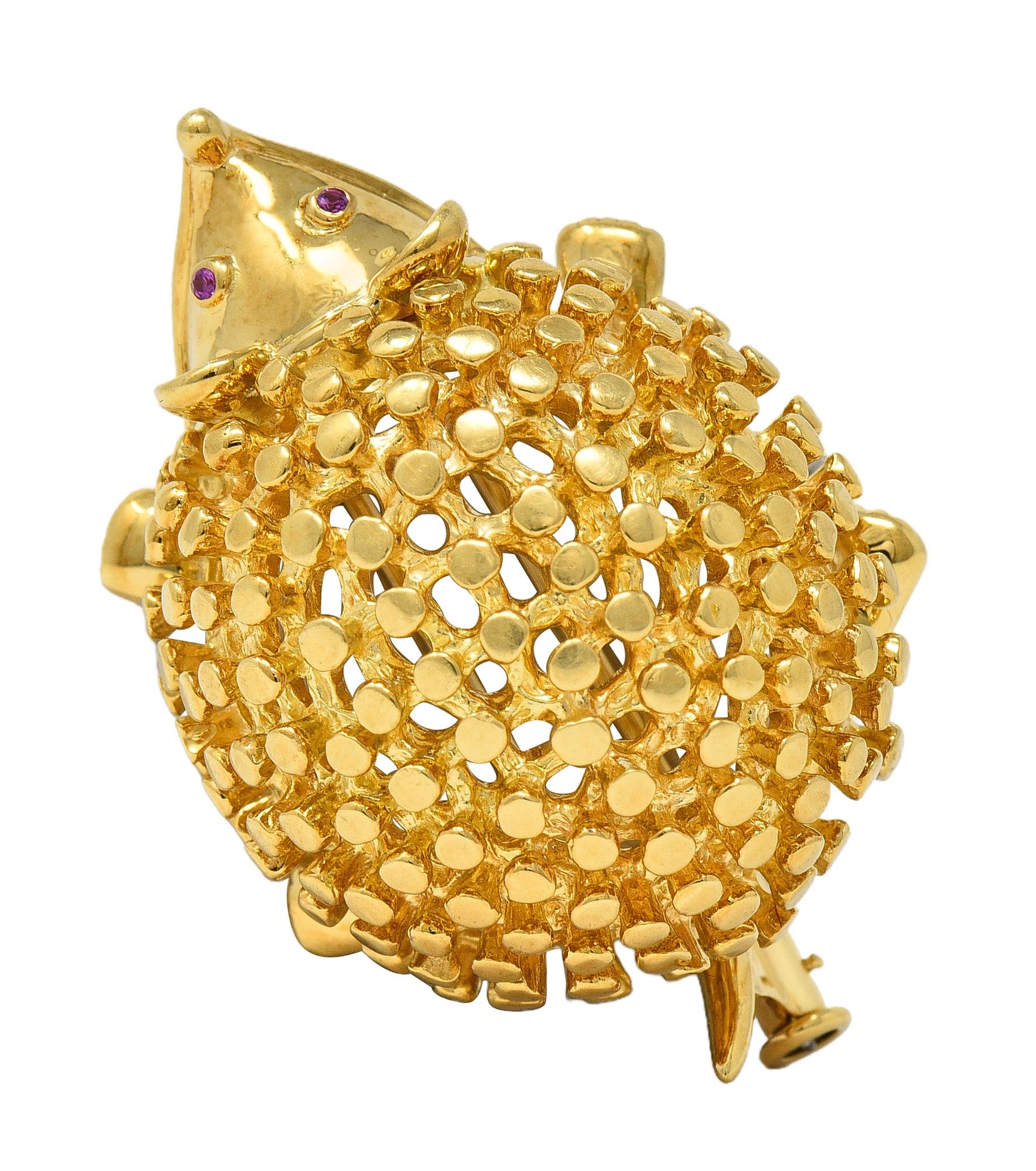 Schlumberger Tiffany & Co. 1980's Ruby 18K Yellow Gold Vintage Hedgehog Brooch