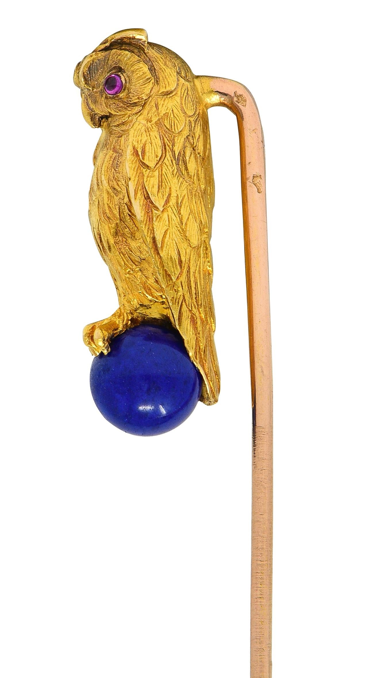 Art Nouveau Lapis Lazuli Ruby 18 Karat Yellow Gold Antique Owl Stickpin
