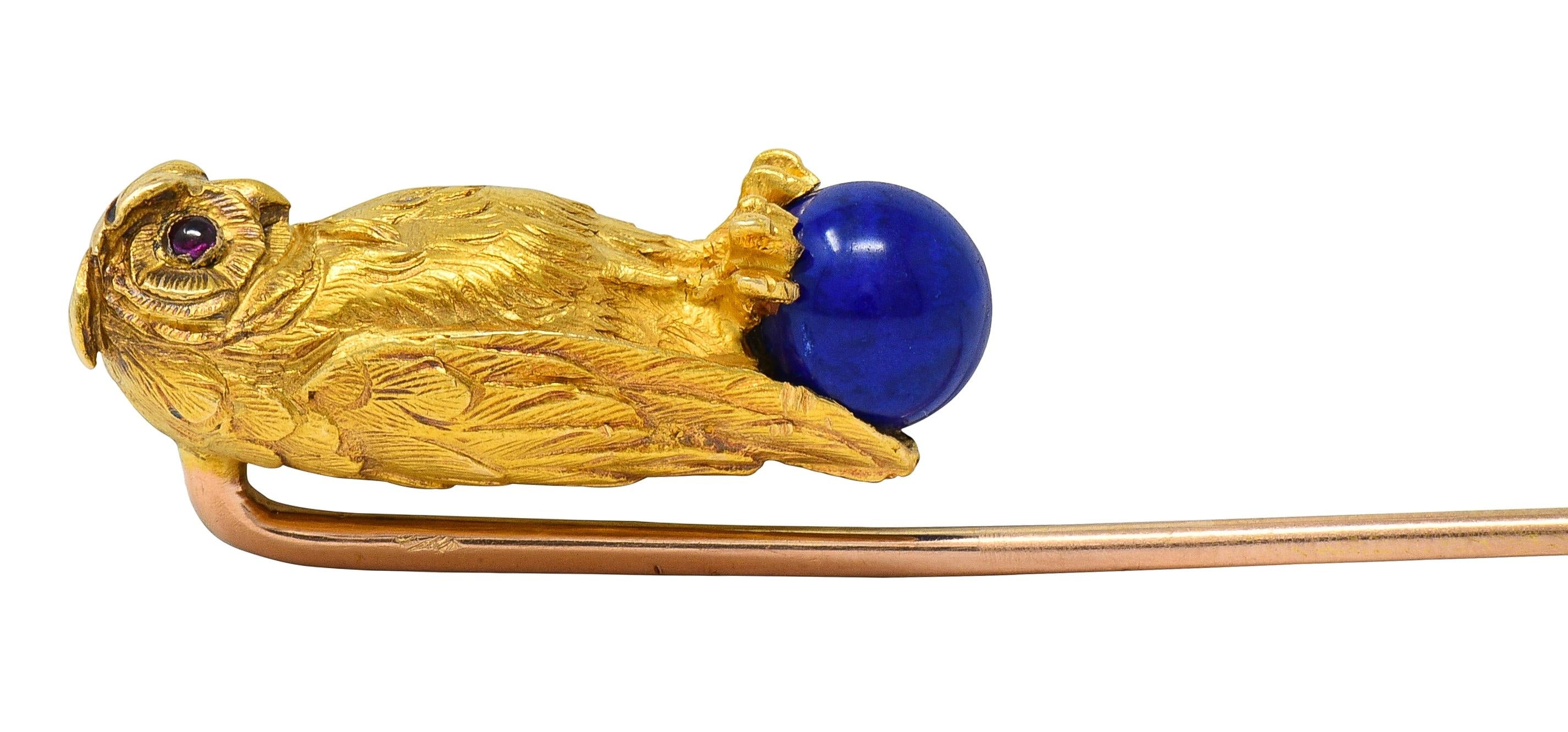 Art Nouveau Lapis Lazuli Ruby 18 Karat Yellow Gold Antique Owl Stickpin