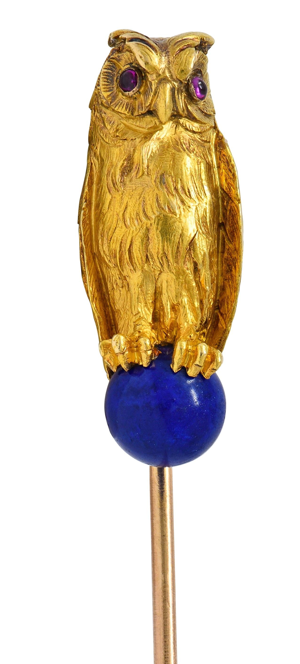 Art Nouveau Lapis Lazuli Ruby 18 Karat Yellow Gold Antique Owl Stickpin