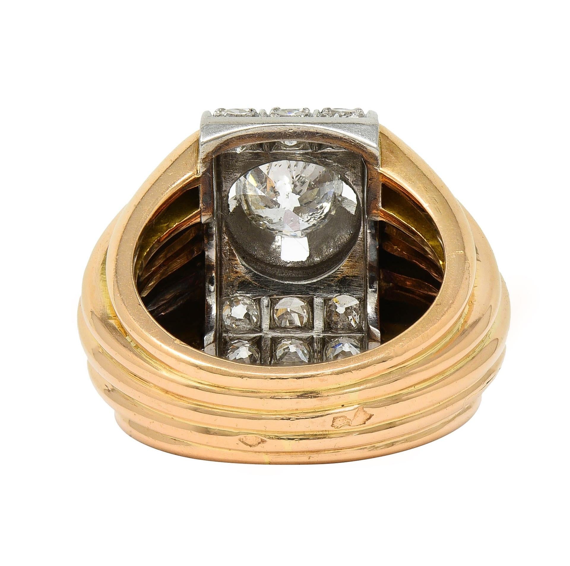 Retro French 1.65 CTW Diamond Platinum 18K Gold Vintage Domed Gadroon Ring