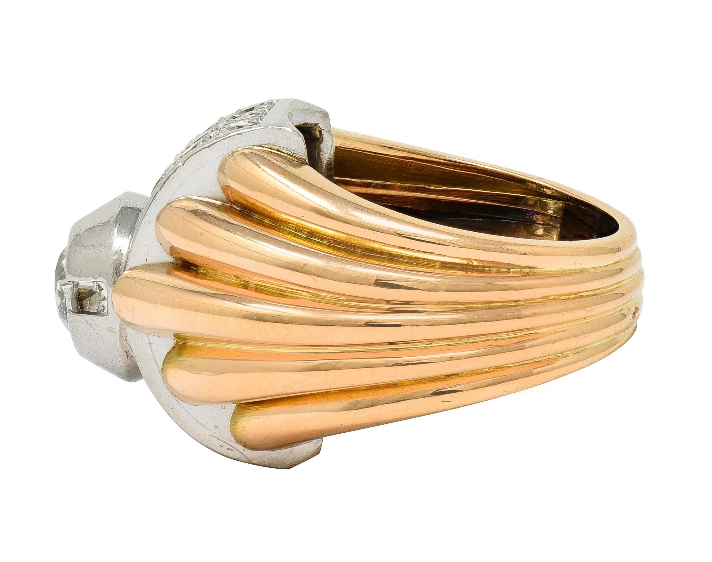 Retro French 1.65 CTW Diamond Platinum 18K Gold Vintage Domed Gadroon Ring