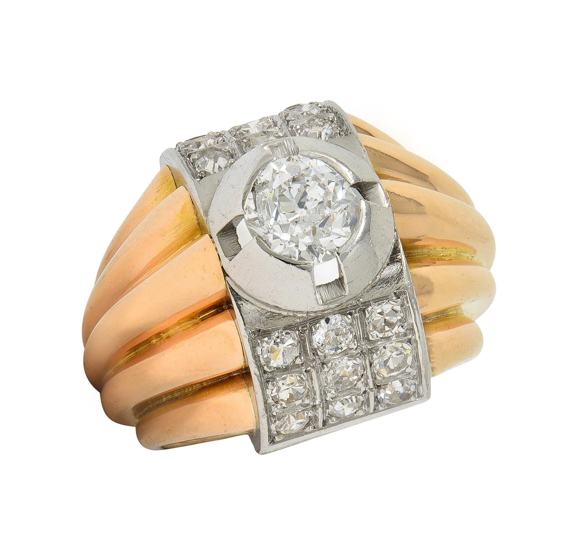 Retro French 1.65 CTW Diamond Platinum 18K Gold Vintage Domed Gadroon Ring