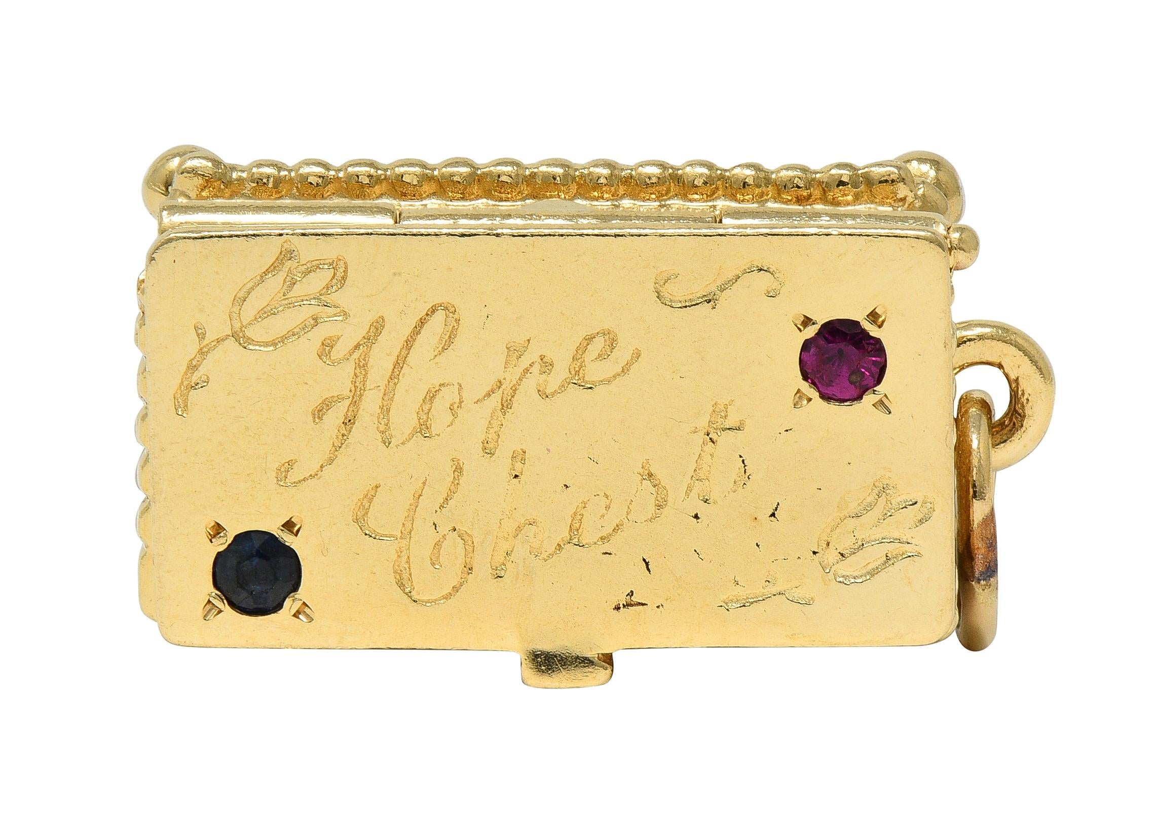 1960's Sapphire Ruby 14 Karat Yellow Gold Vintage Hope Chest Pendant Charm