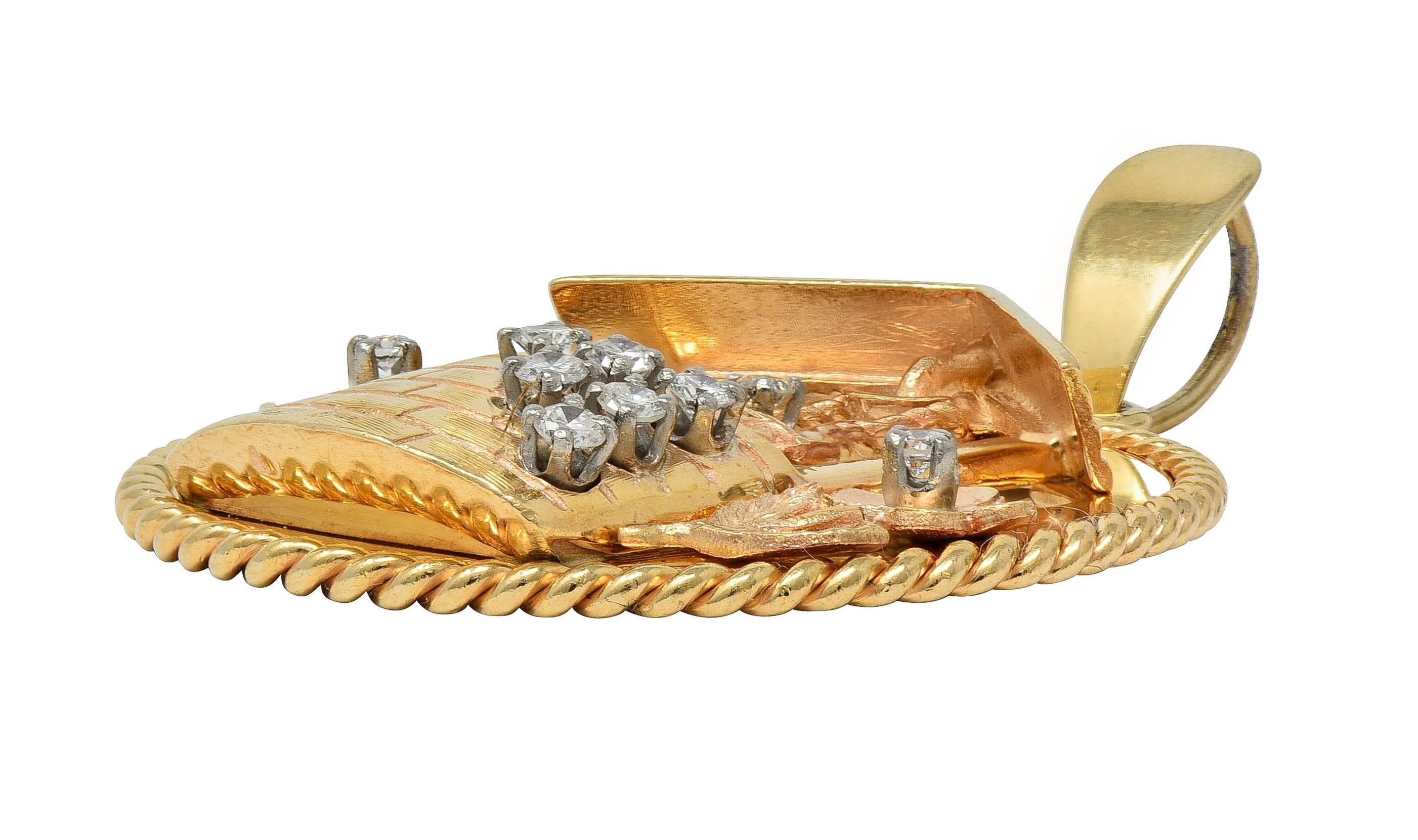 1950's Diamond 14 Karat Yellow Gold Vintage Wishing Well Pendant Charm