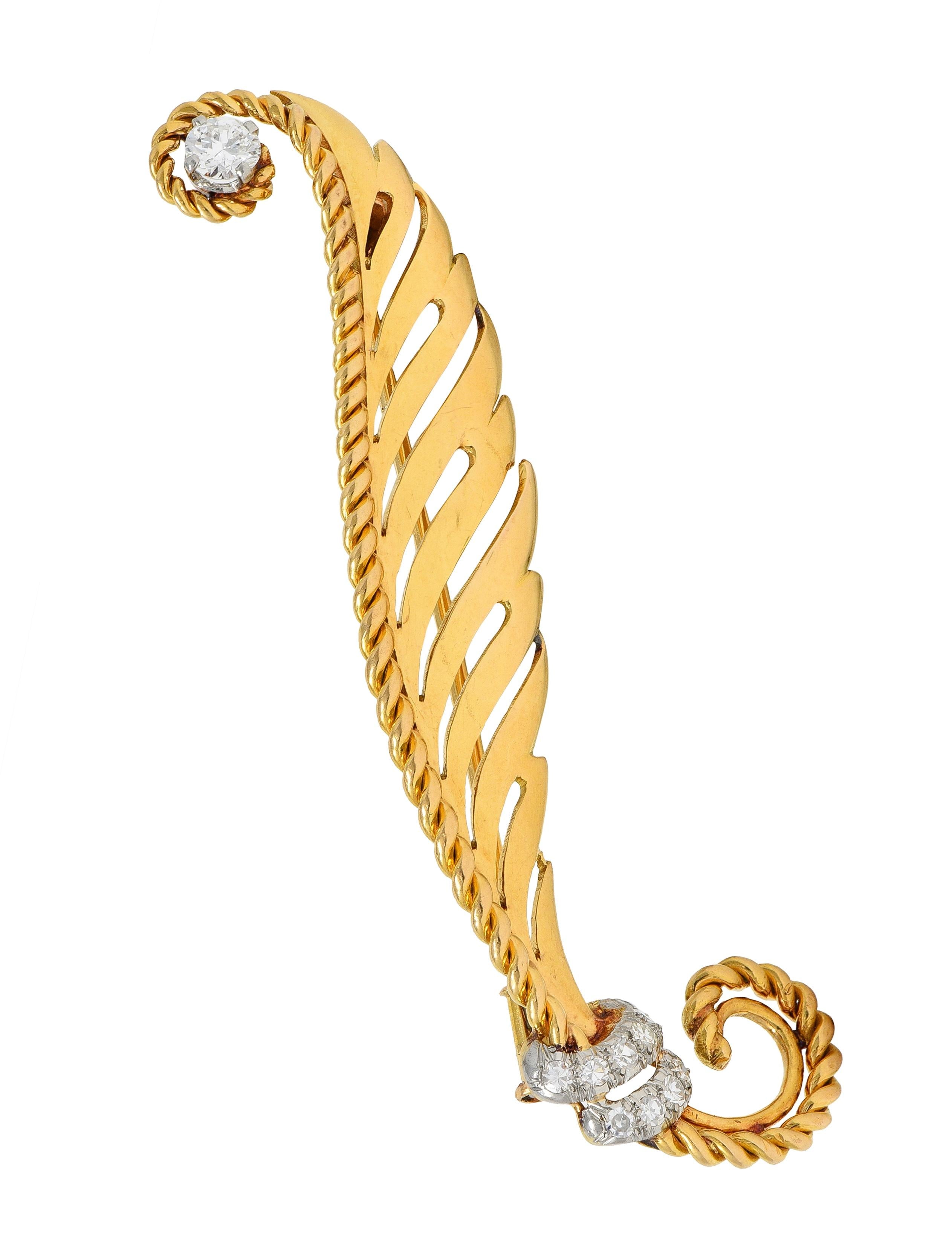 1950's French Diamond Platinum 18 Karat Yellow Gold Vintage Feather Brooch