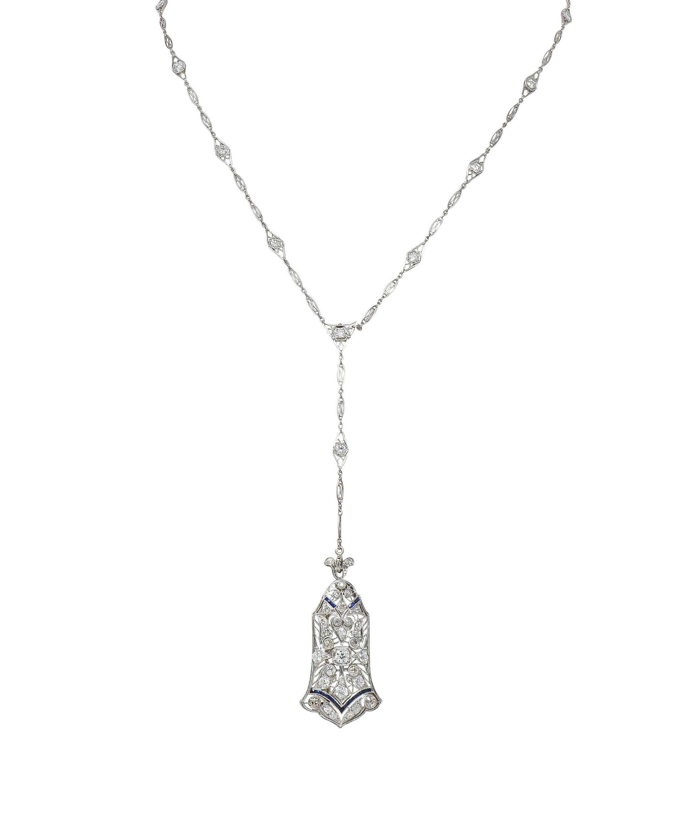 Art Deco 4.00 CTW Diamond Sapphire Platinum Vintage Sartuoir Pendant Necklace